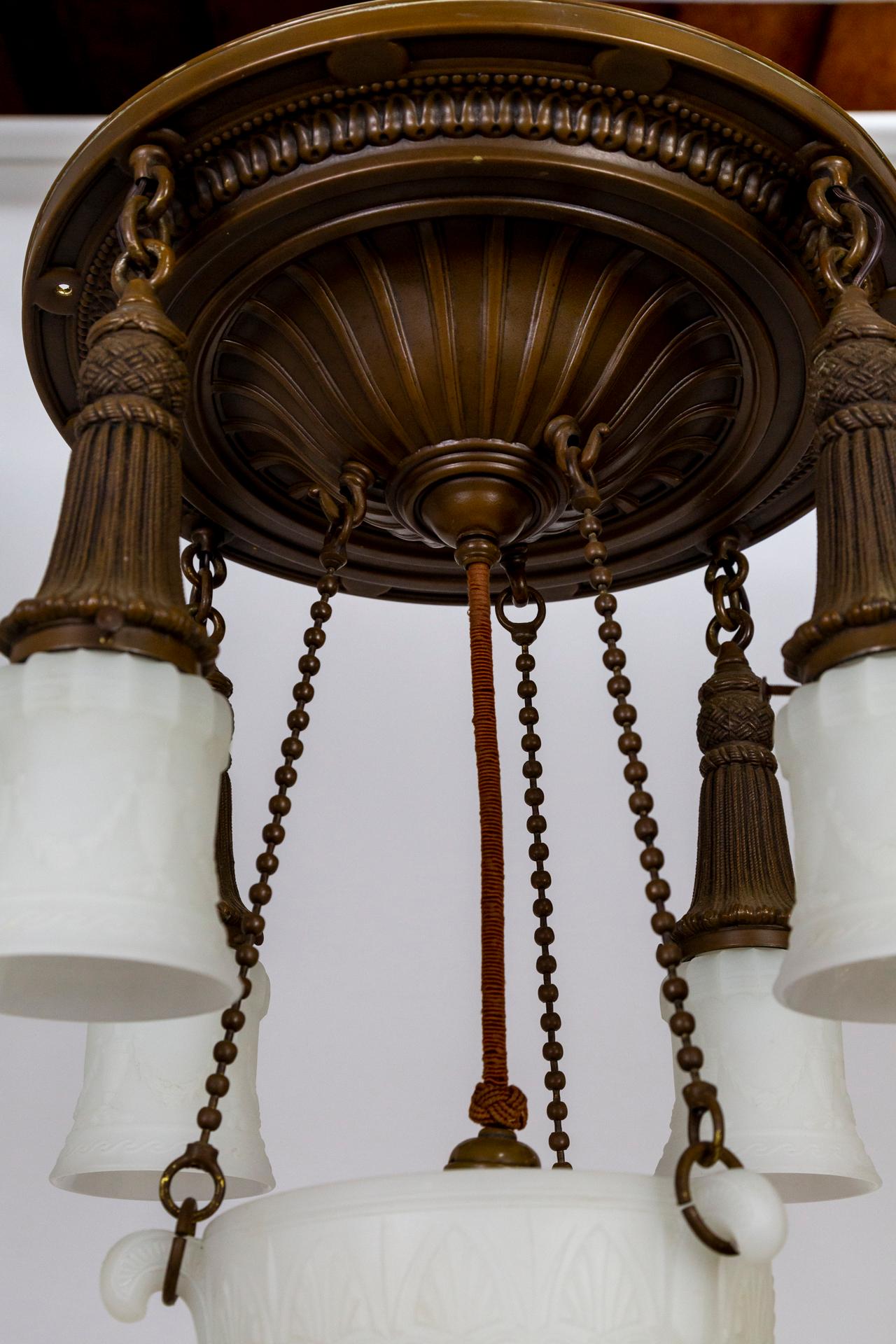 Brass & Milk Glass Pan Style Chandelier w/ Rope & Urn Details For Sale 1