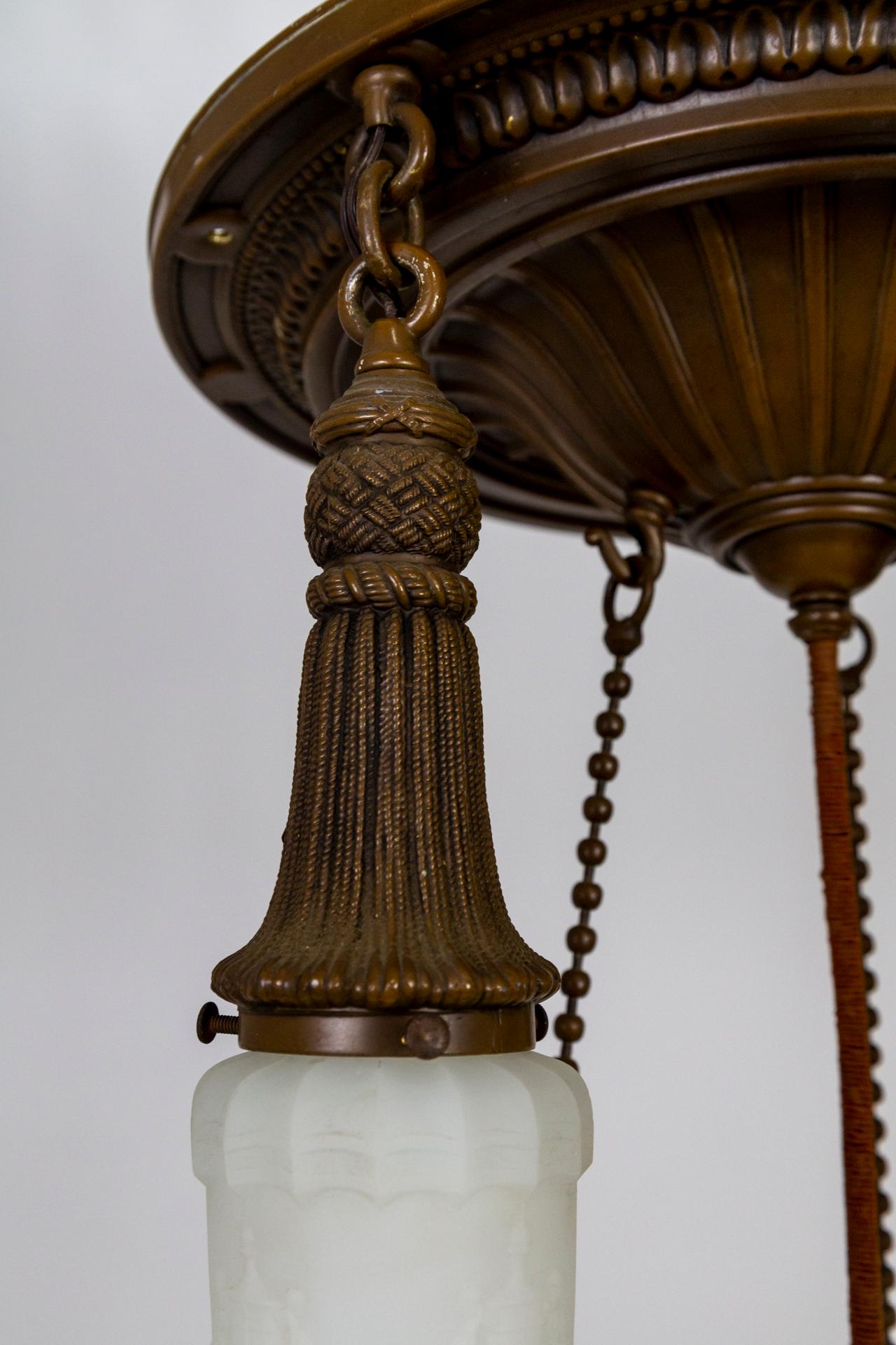 Brass & Milk Glass Pan Style Chandelier w/ Rope & Urn Details For Sale 2