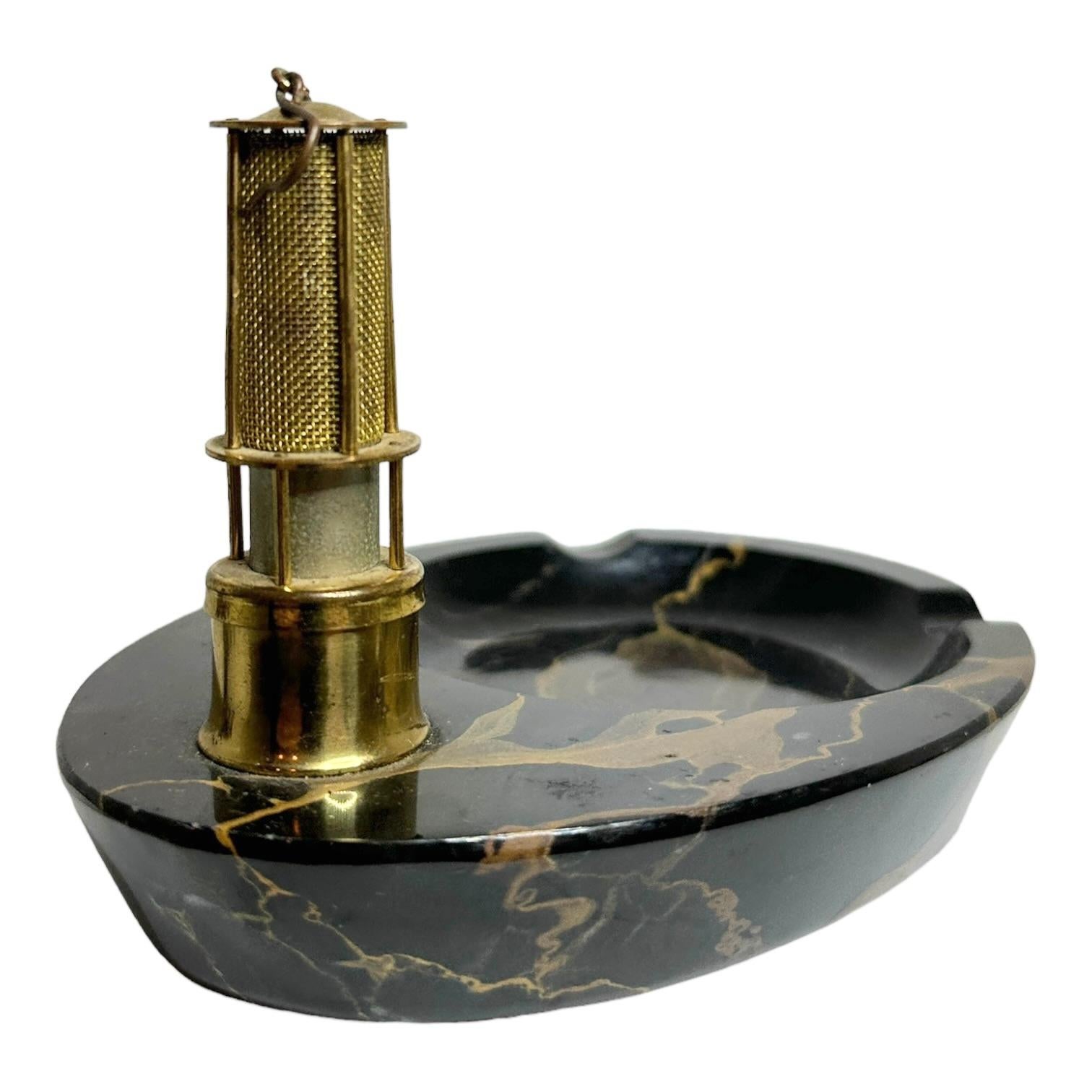 Art Nouveau Brass Miners Lantern Lighter & Marble Ashtray Vintage German 1920s For Sale