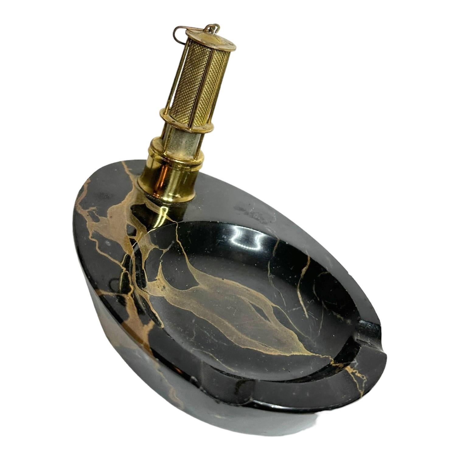 Brass Miners Lantern Lighter & Marble Ashtray Vintage German 1920s In Good Condition For Sale In Nuernberg, DE