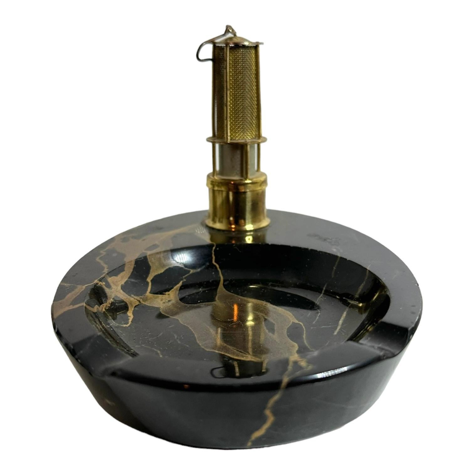 Brass Miners Lantern Lighter & Marble Ashtray Vintage German 1920s For Sale 1