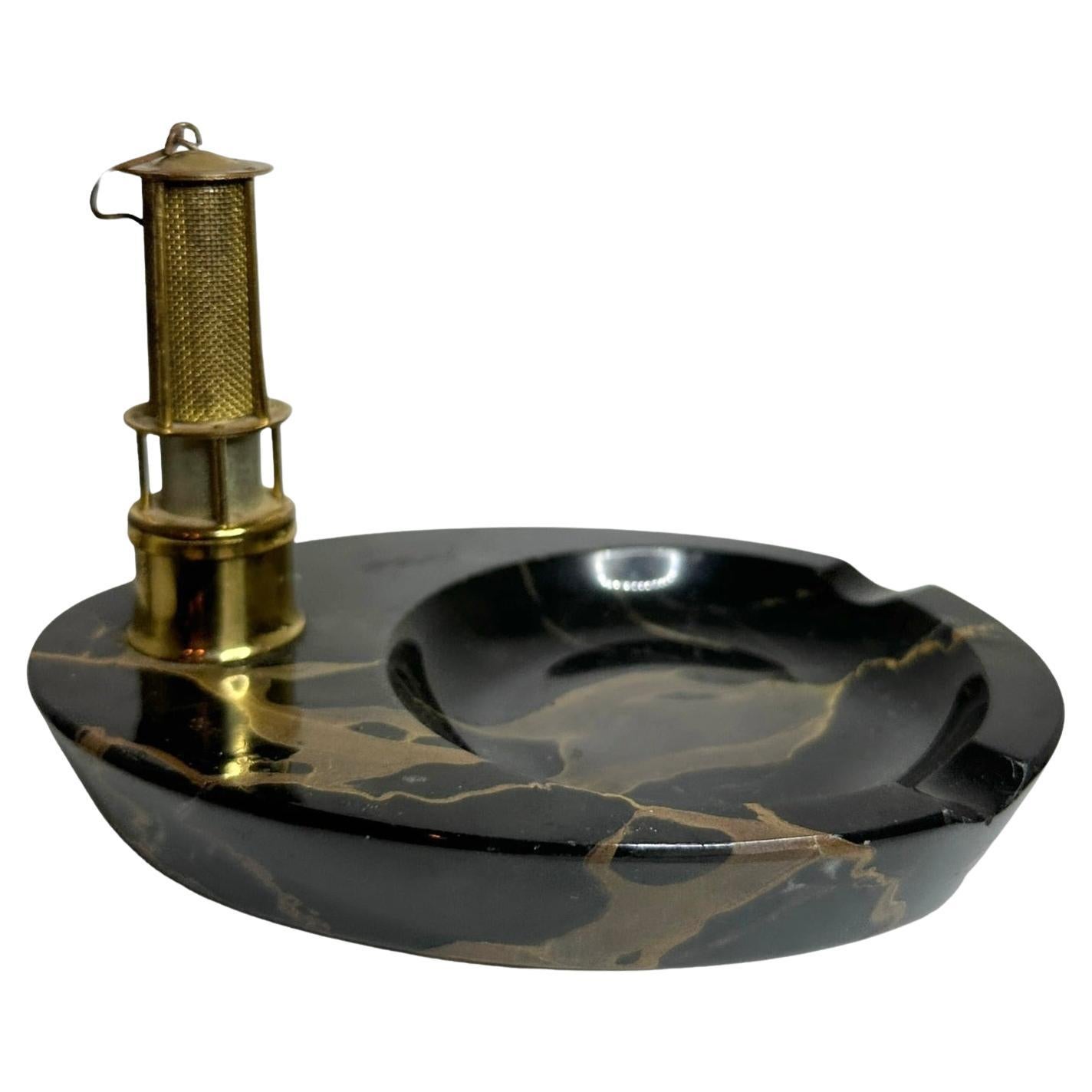 Brass Miners Lantern Lighter & Marble Ashtray Vintage German 1920s For Sale