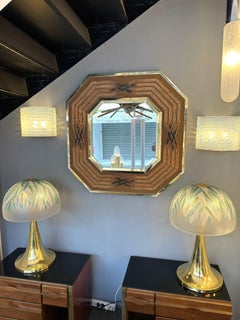 Brass Mirror and Rattan Marquetry by Garzio, Italy, 1970s