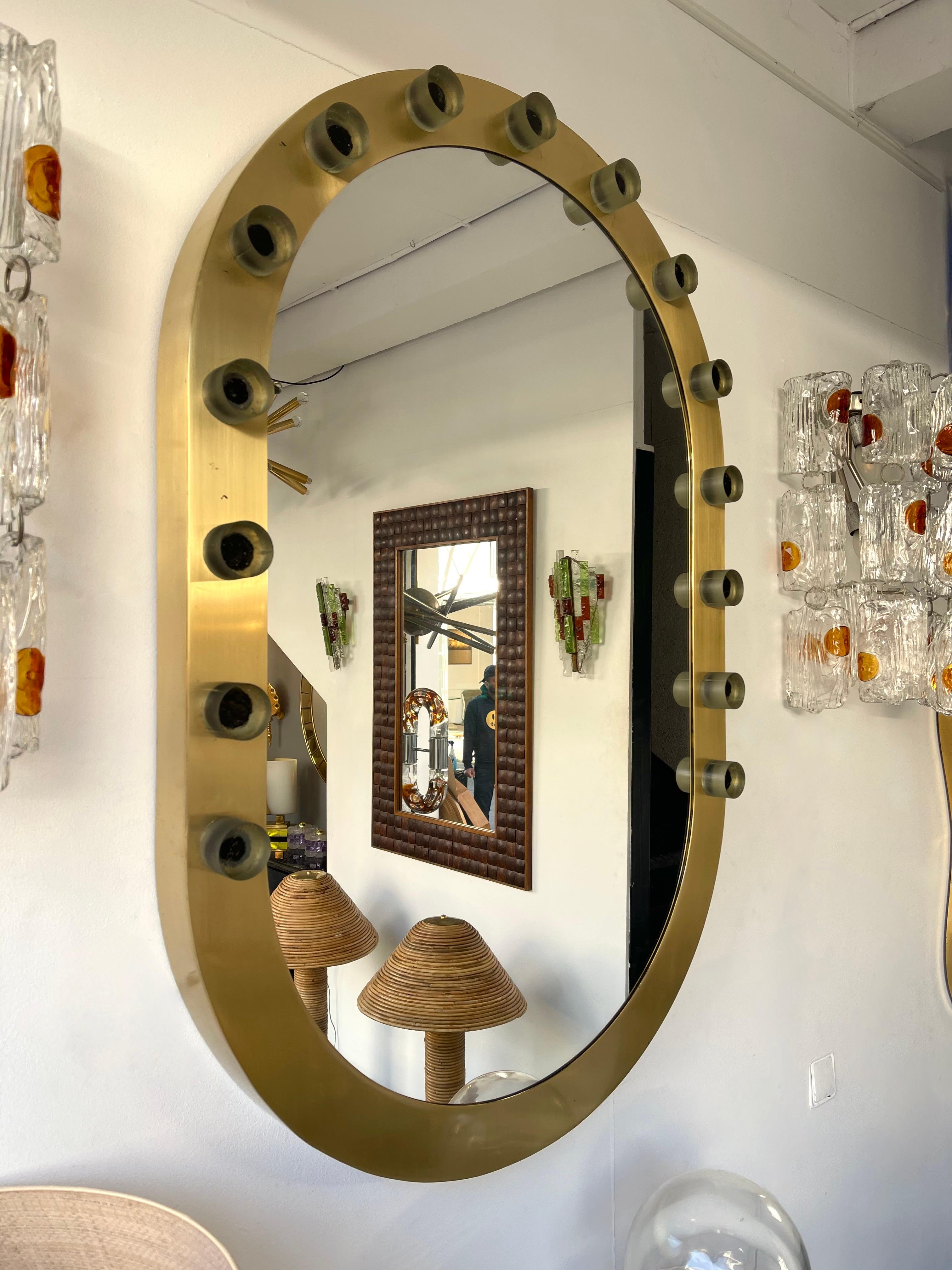 Massive thick side full brass wall mirror with glass cabochon decor, In the mood of Mid-Century Modern Space Age style, Hollywood Regency.