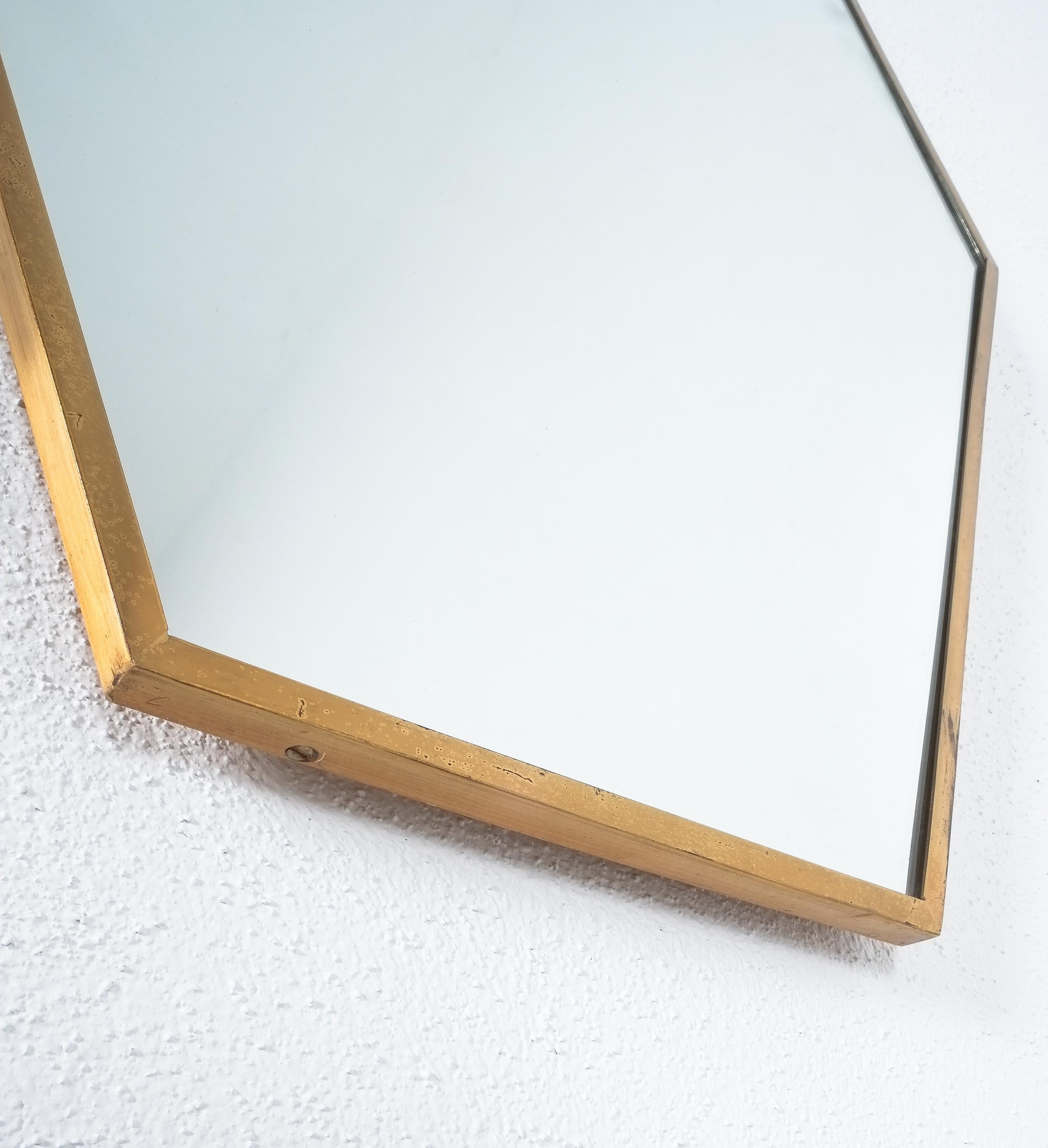Hammered Brass Mirror Hexagonal, Midcentury, Italy For Sale