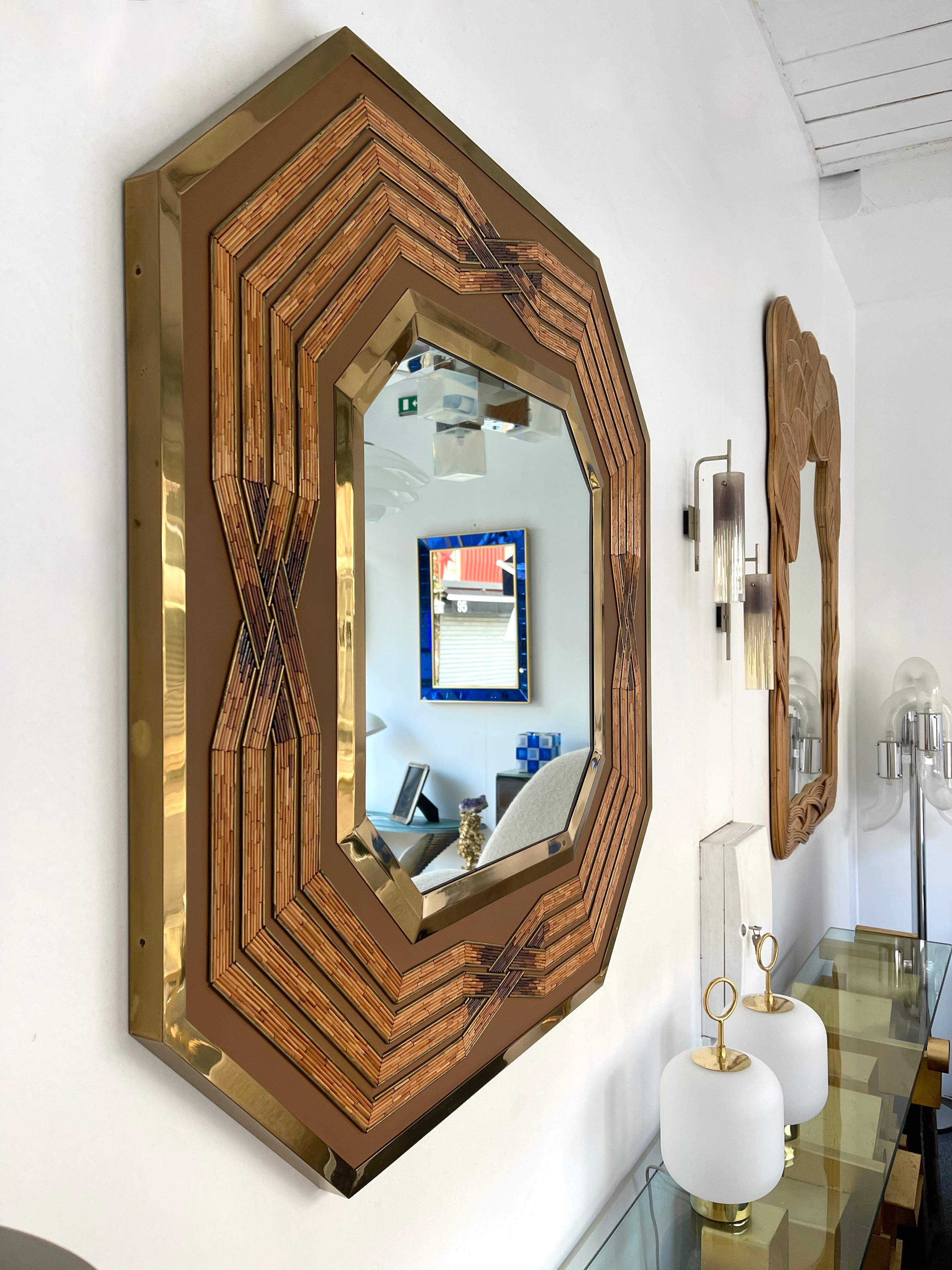 Brass Mirror Lacquered and Rattan, Italy, 1970s 7