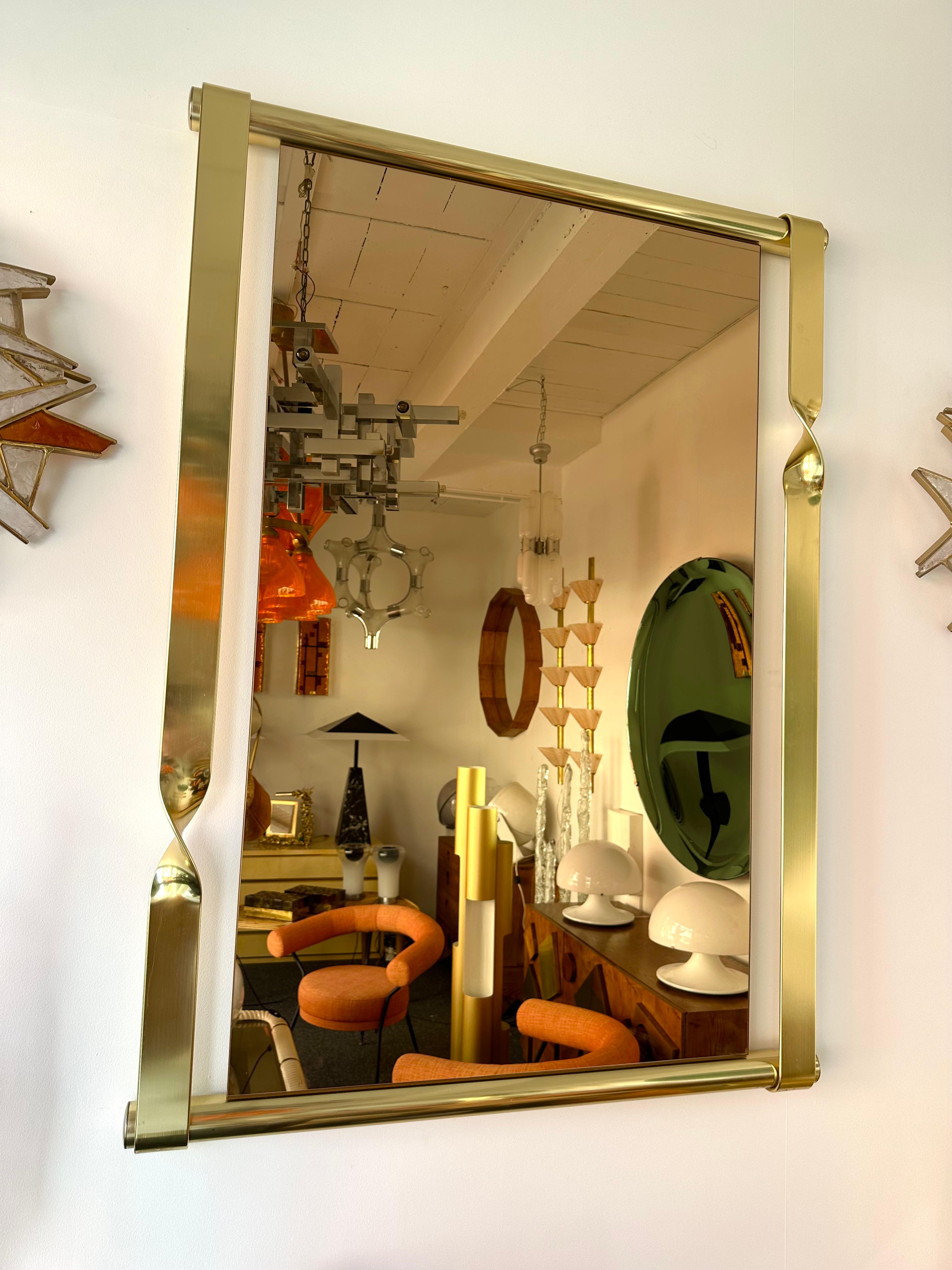 Late 20th Century Brass Mirror Pink Copper Glass by Luciano Frigerio, Italy, 1970s For Sale