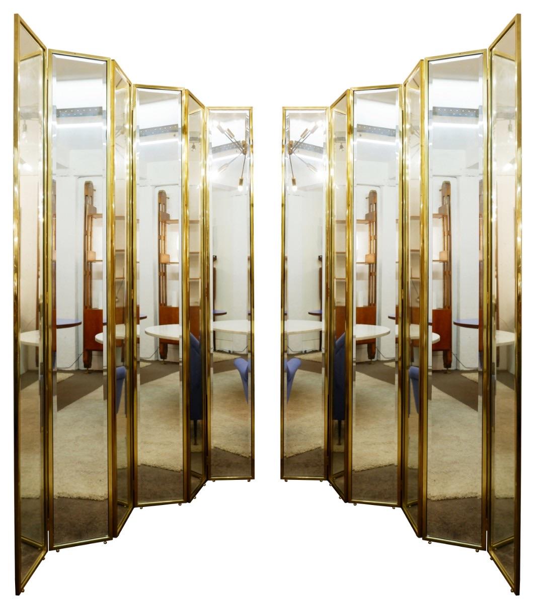 Contemporary Brass and Mirror Six Panel Folding Floor Screen, Italy For Sale