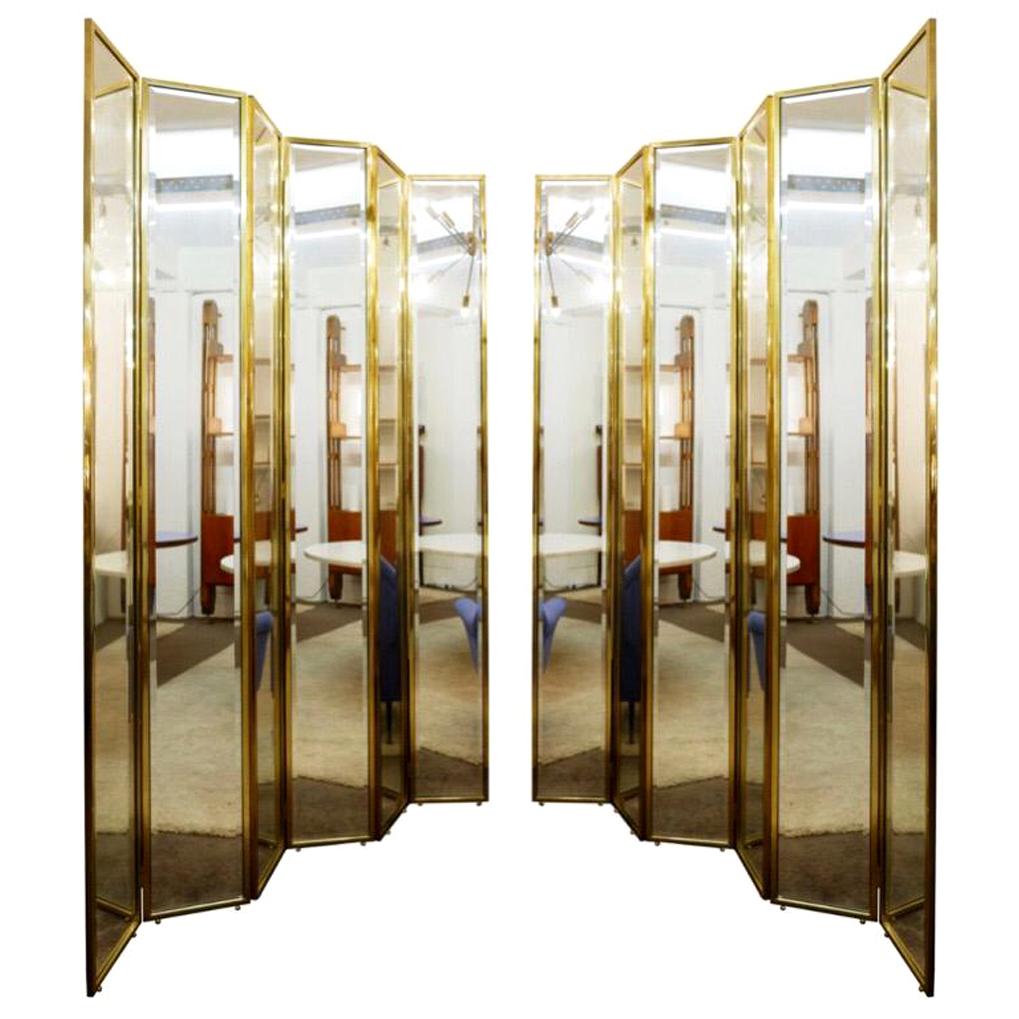 Brass and Mirror Six Panel Folding Floor Screen, Italy For Sale