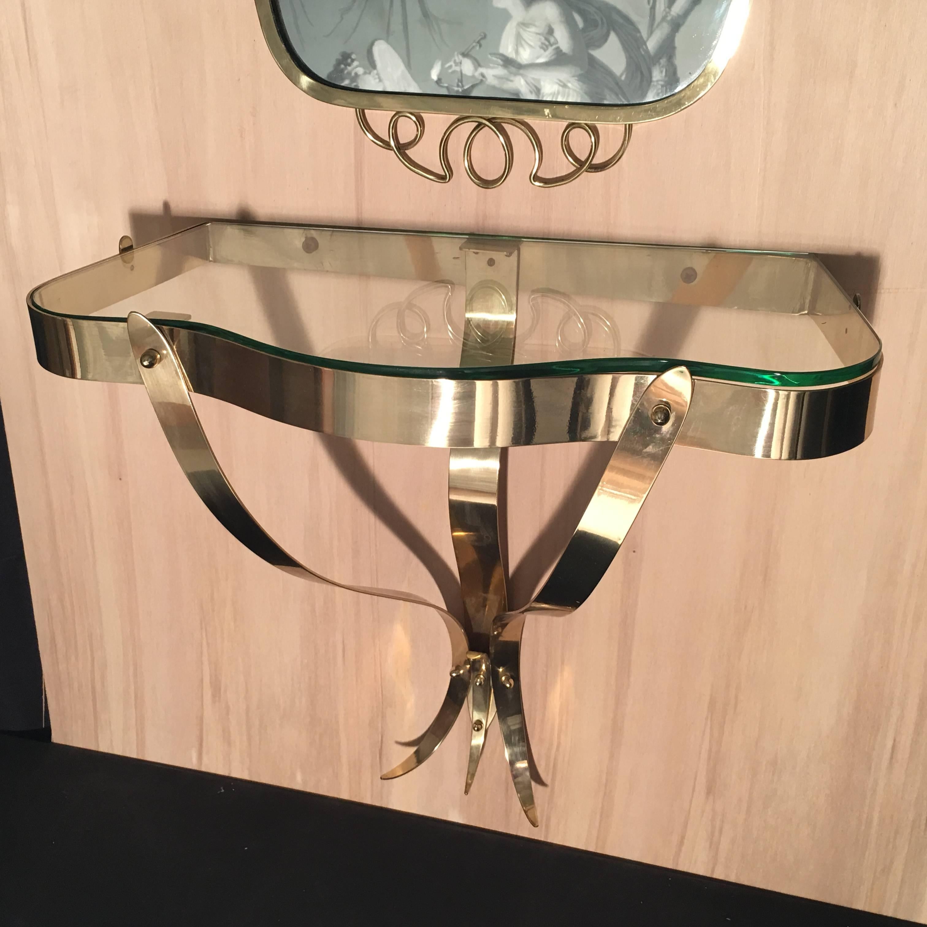 Mid-Century Modern Brass Mirror with Small Console Table in the Style of Gio Ponti, 1950s For Sale