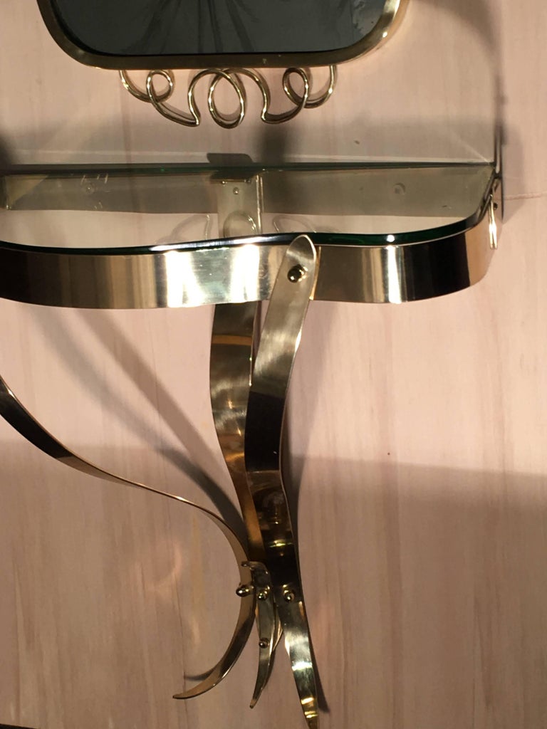 Brass Mirror with Small Console Table in the Style of Gio Ponti, 1950s ...