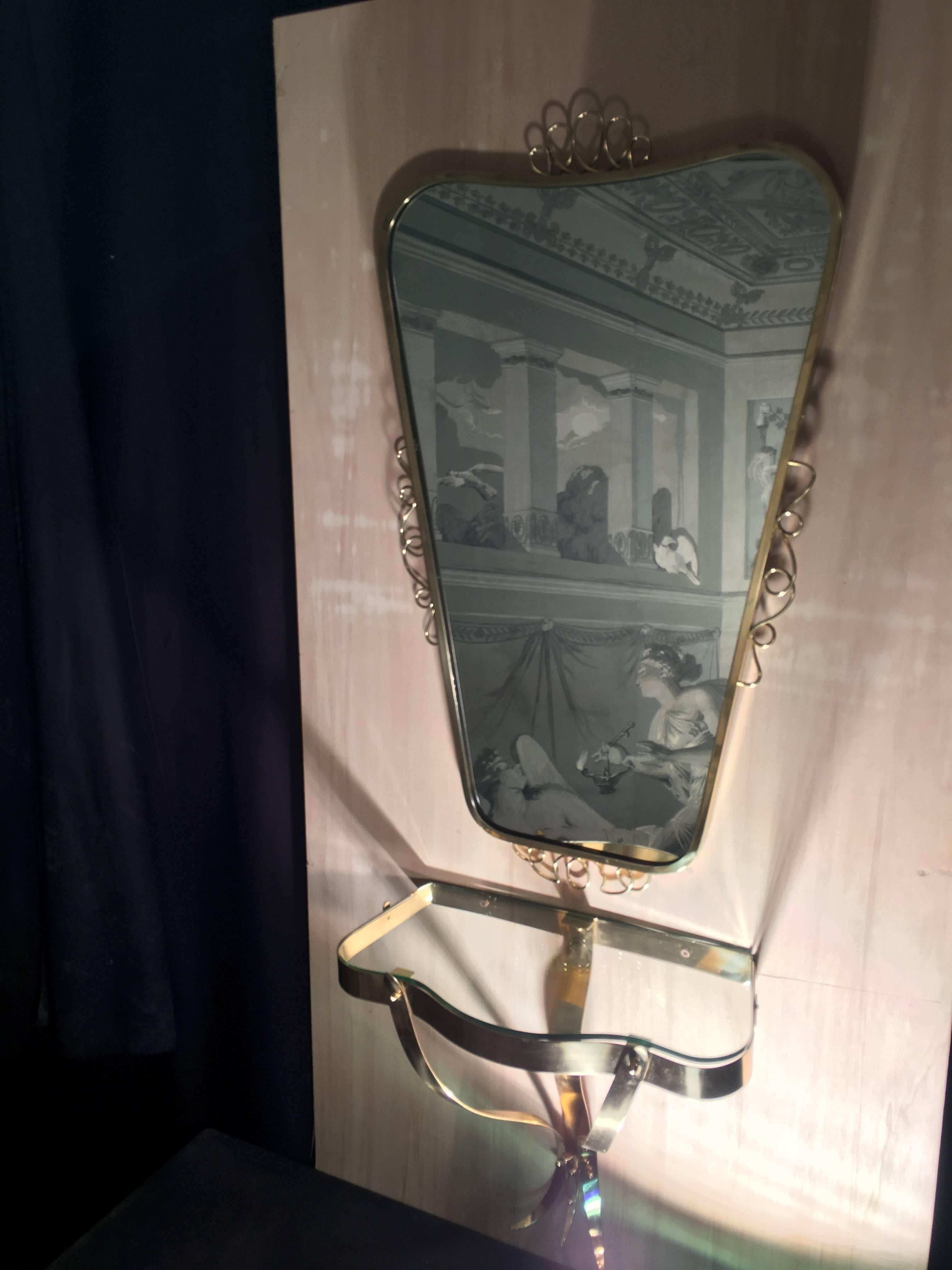 Miroir en laiton avec petite table console dans le style de Gio Ponti, années 1950 en vente 2