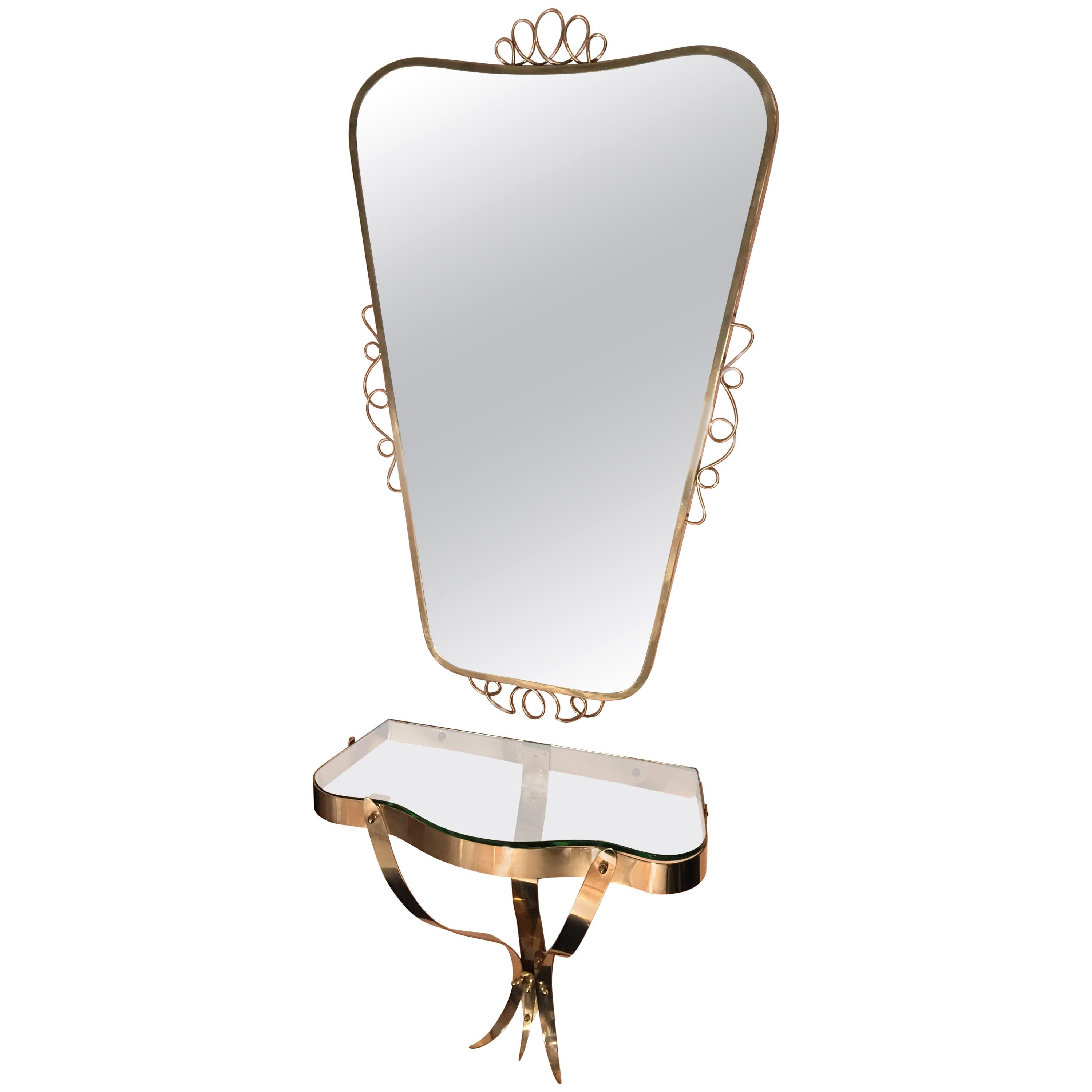 Brass Mirror with Small Console Table in the Style of Gio Ponti, 1950s For Sale