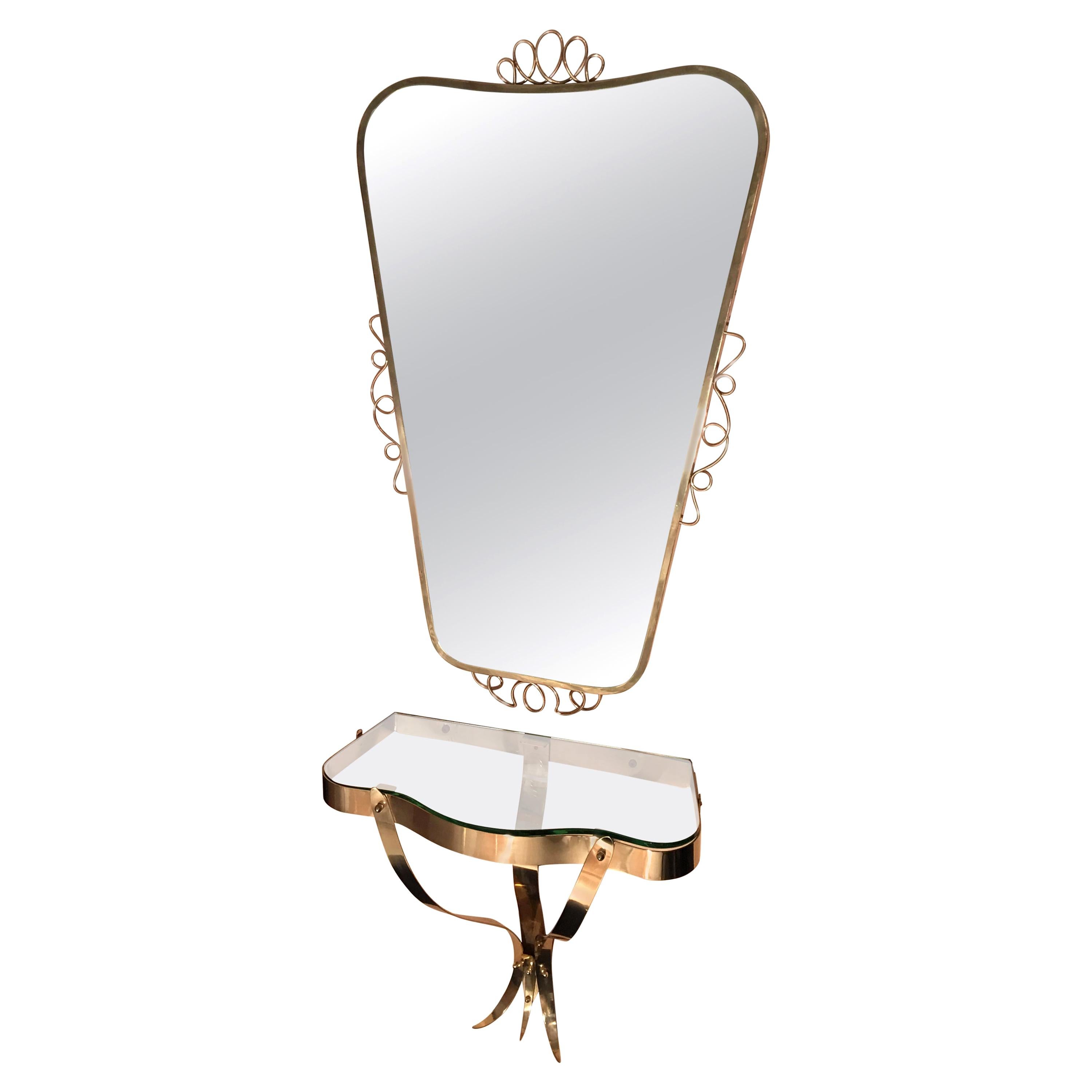 Brass Mirror with Small Console Table in the Style of Gio Ponti, 1950s