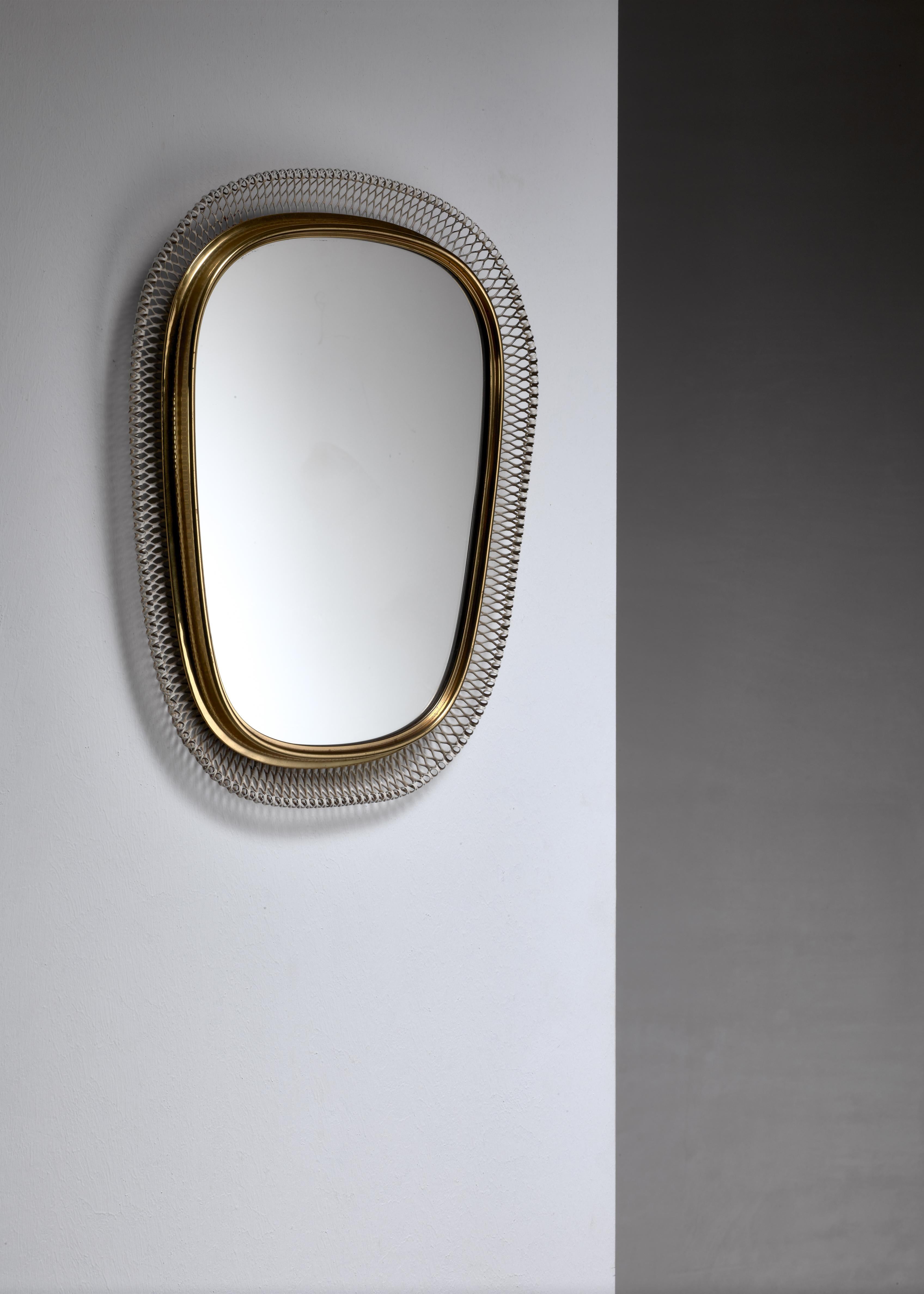 Mid-Century Modern Brass Mirror with White Mesh Metal, Austria, 1950s