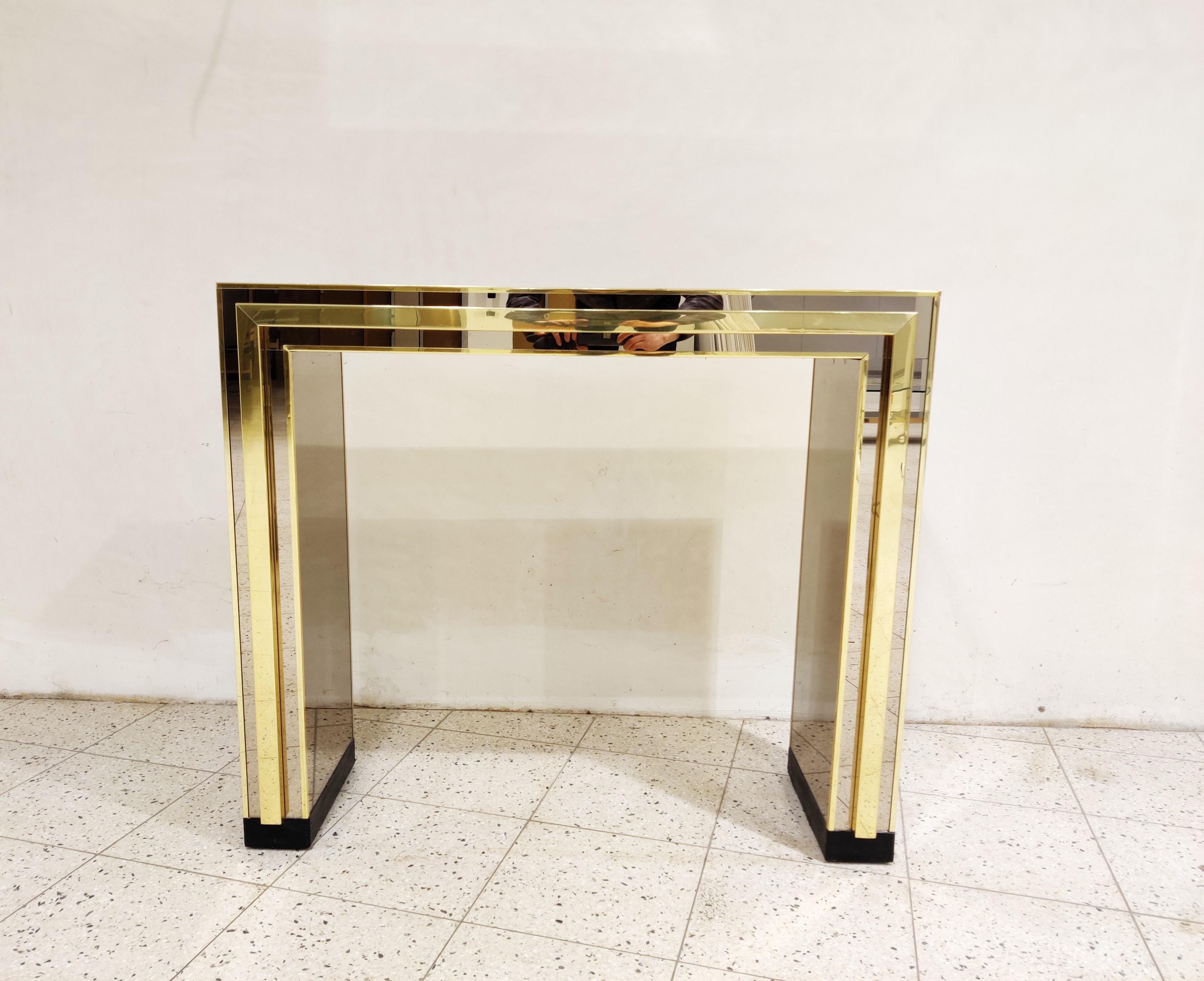 Unique brass and mirror console table

Good quality piece of furniture that adds a touch of seventies glamour in to your interior.

Good condition.

Dimensions:
Height 86 cm/33.85