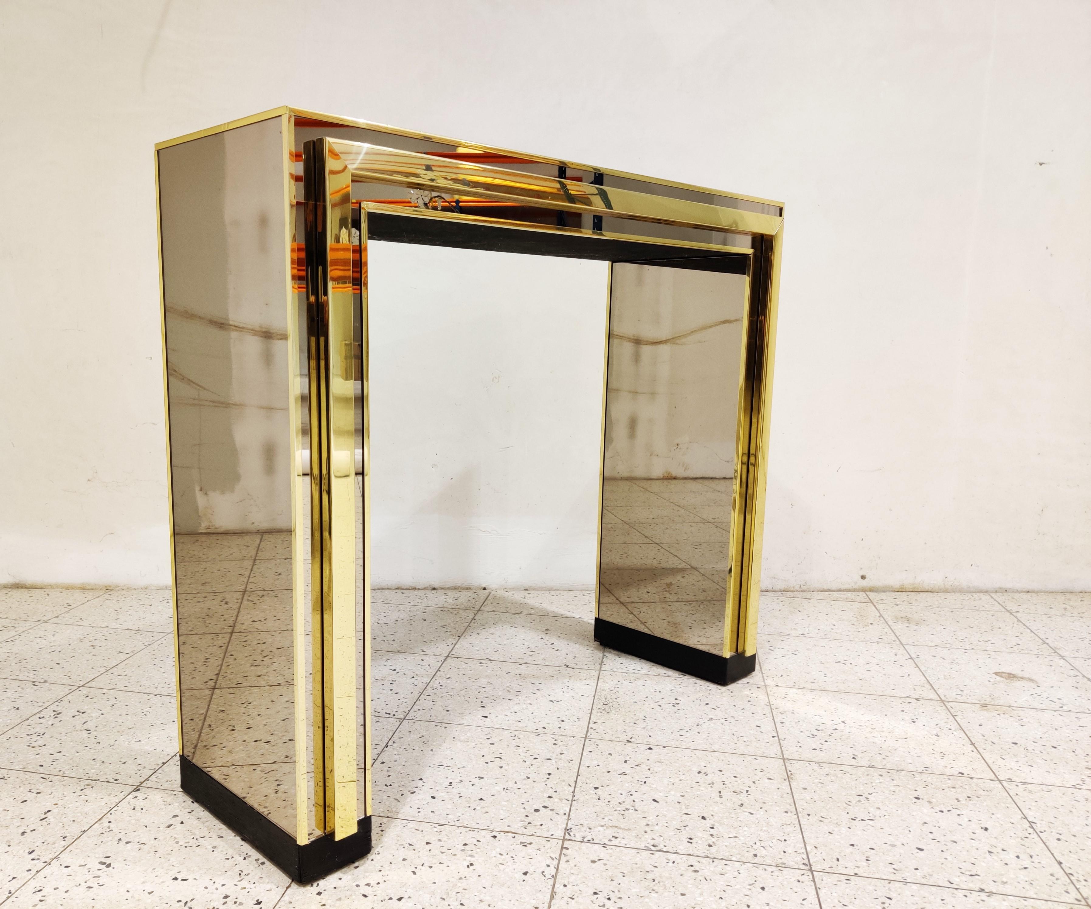 Hollywood Regency Brass Mirrored Console Table, 1970s