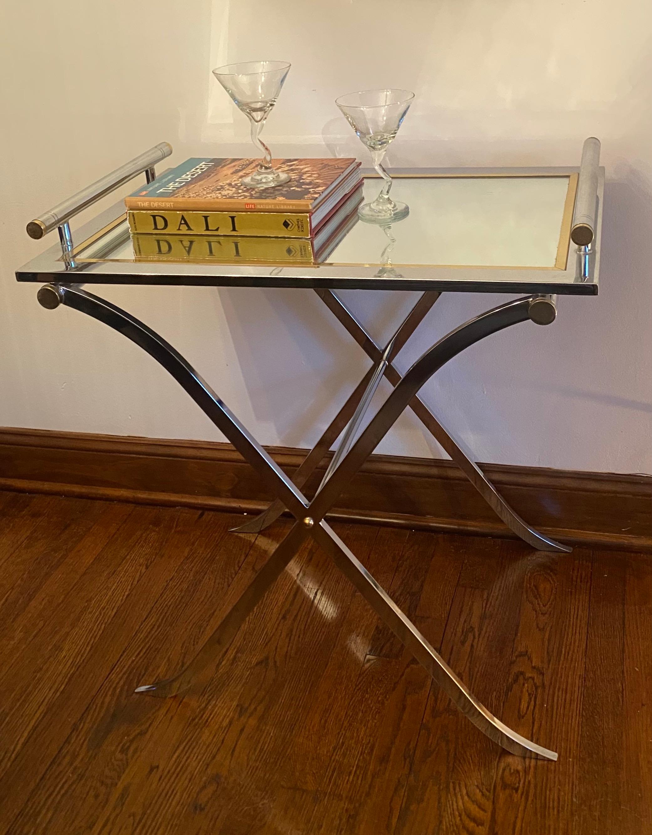 Hollywood Regency Brass Mirrored Tray Table DIA For Sale