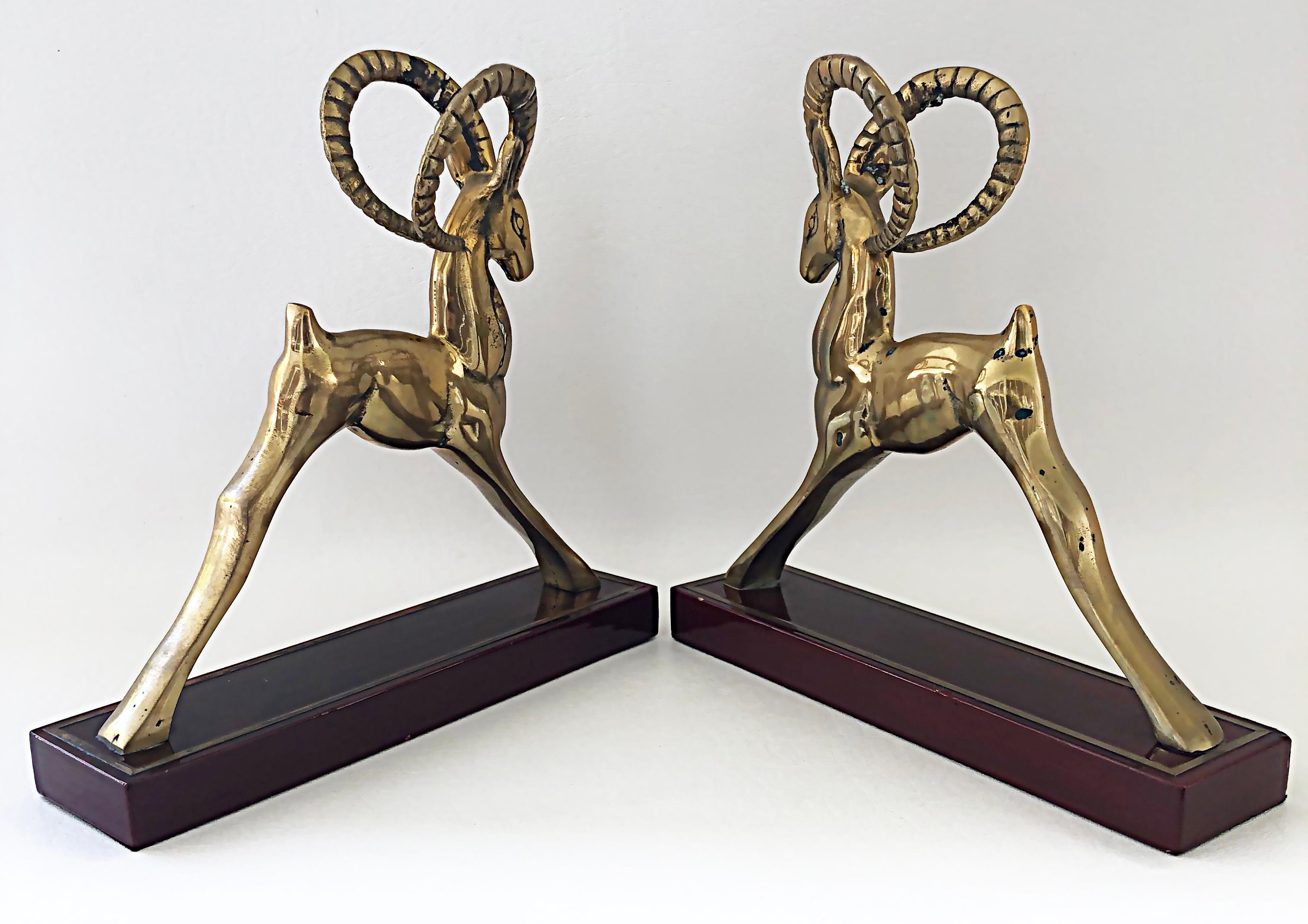 American Brass Modernist Deco Style Gazelle Bookends Sculptures, a Pair