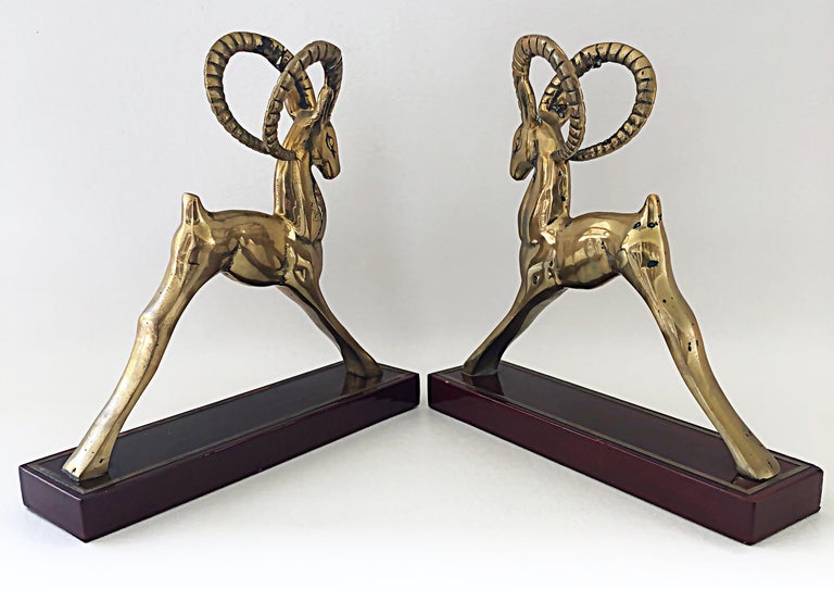 Brass Modernist Deco Style Gazelle Bookends Sculptures, a Pair For Sale