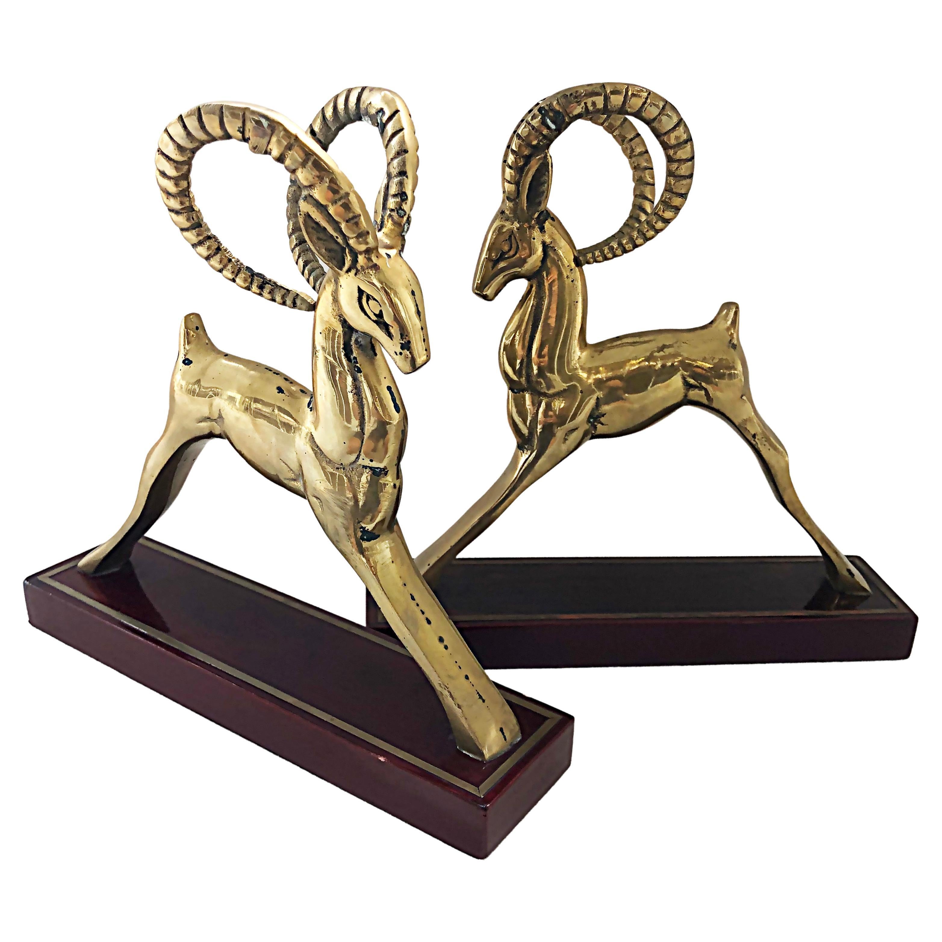 Brass Modernist Deco Style Gazelle Bookends Sculptures, a Pair