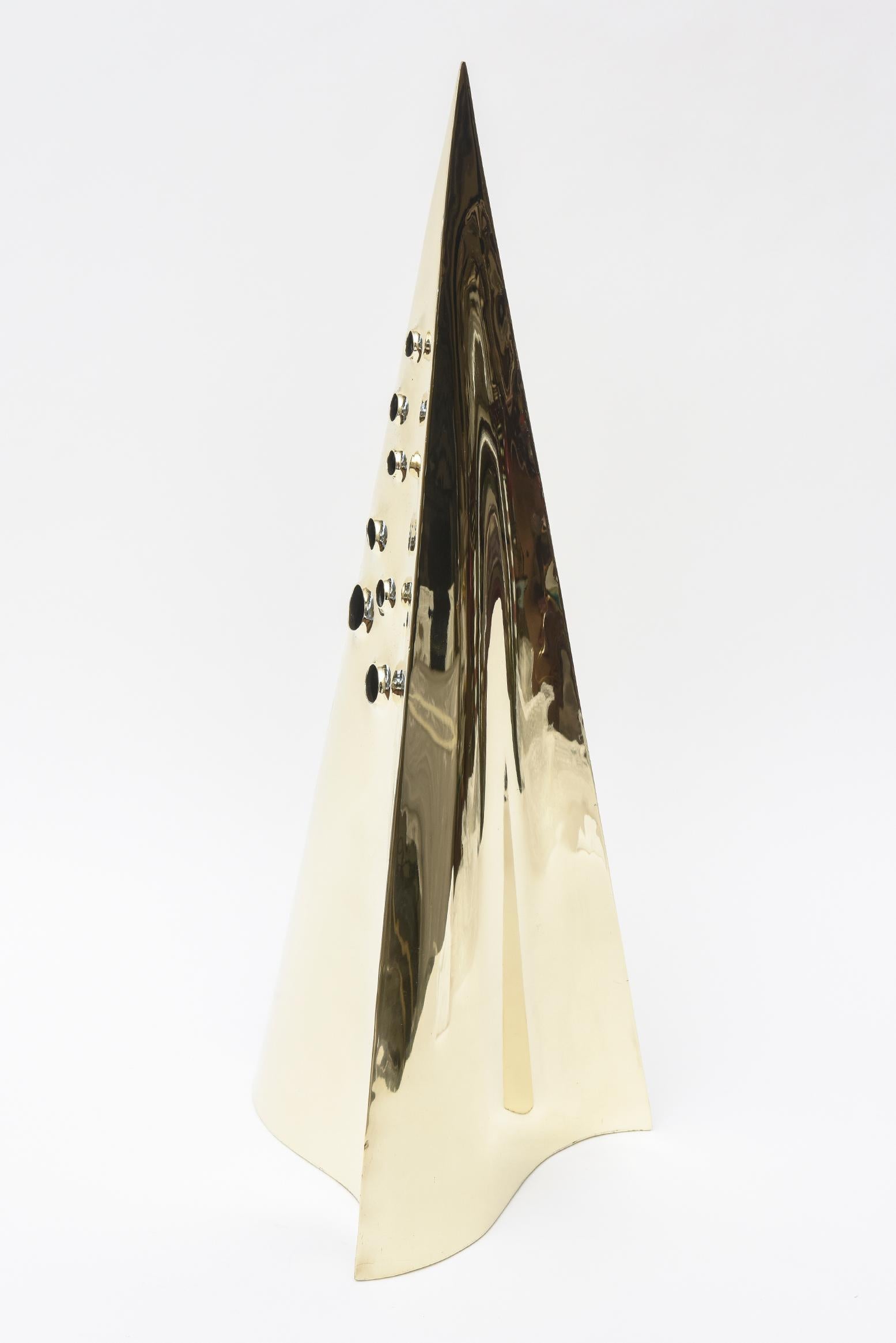 Vintage Brass Pyramid Triangle Tall Modernist Sculpture For Sale 1