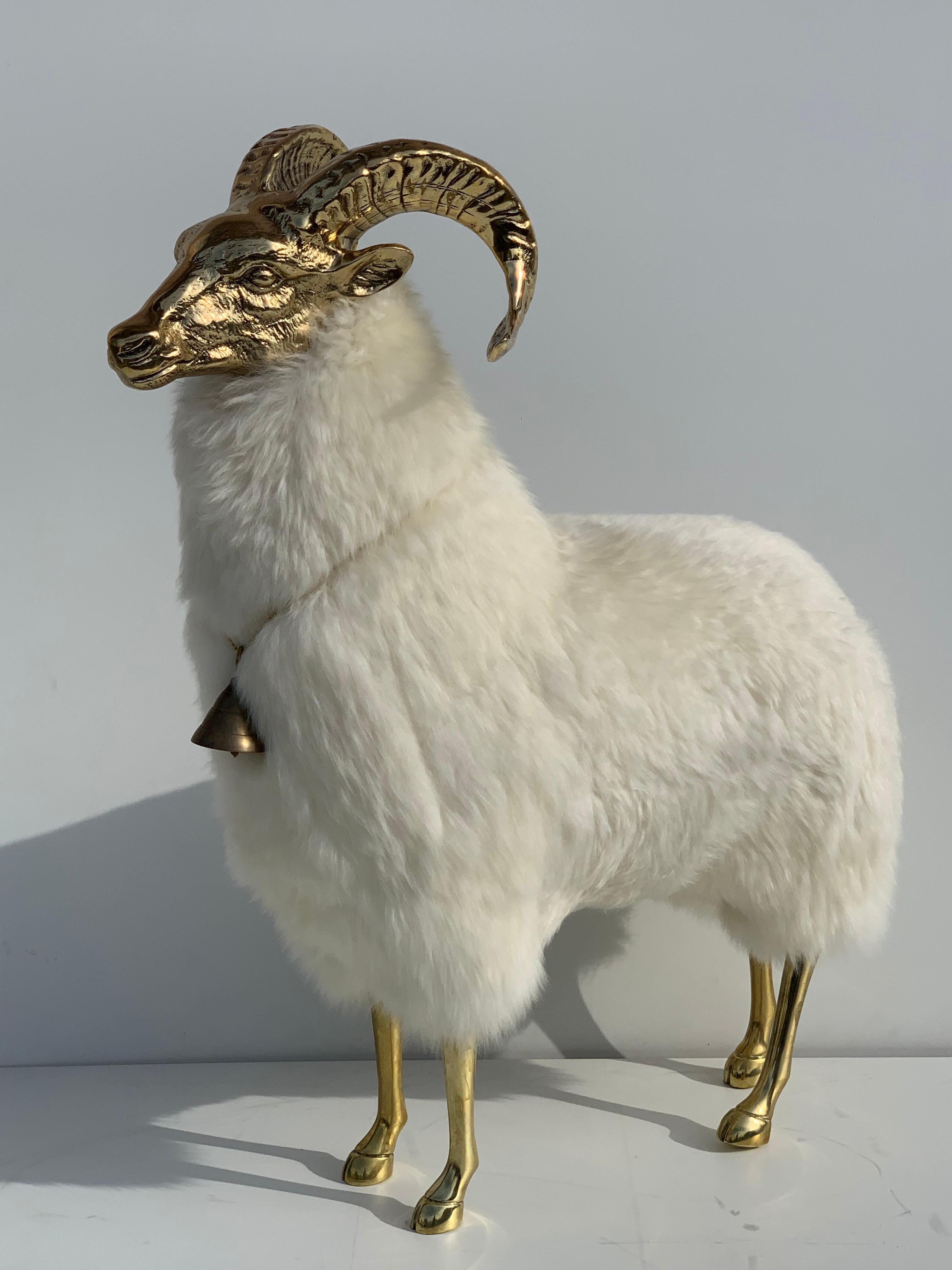 Brass mountain sheep goat or ram sculpture in the style of Lalanne. Solid brass head is vintage from 1970's and been polished. Body is new, made of wood and covered in real sheep fur.