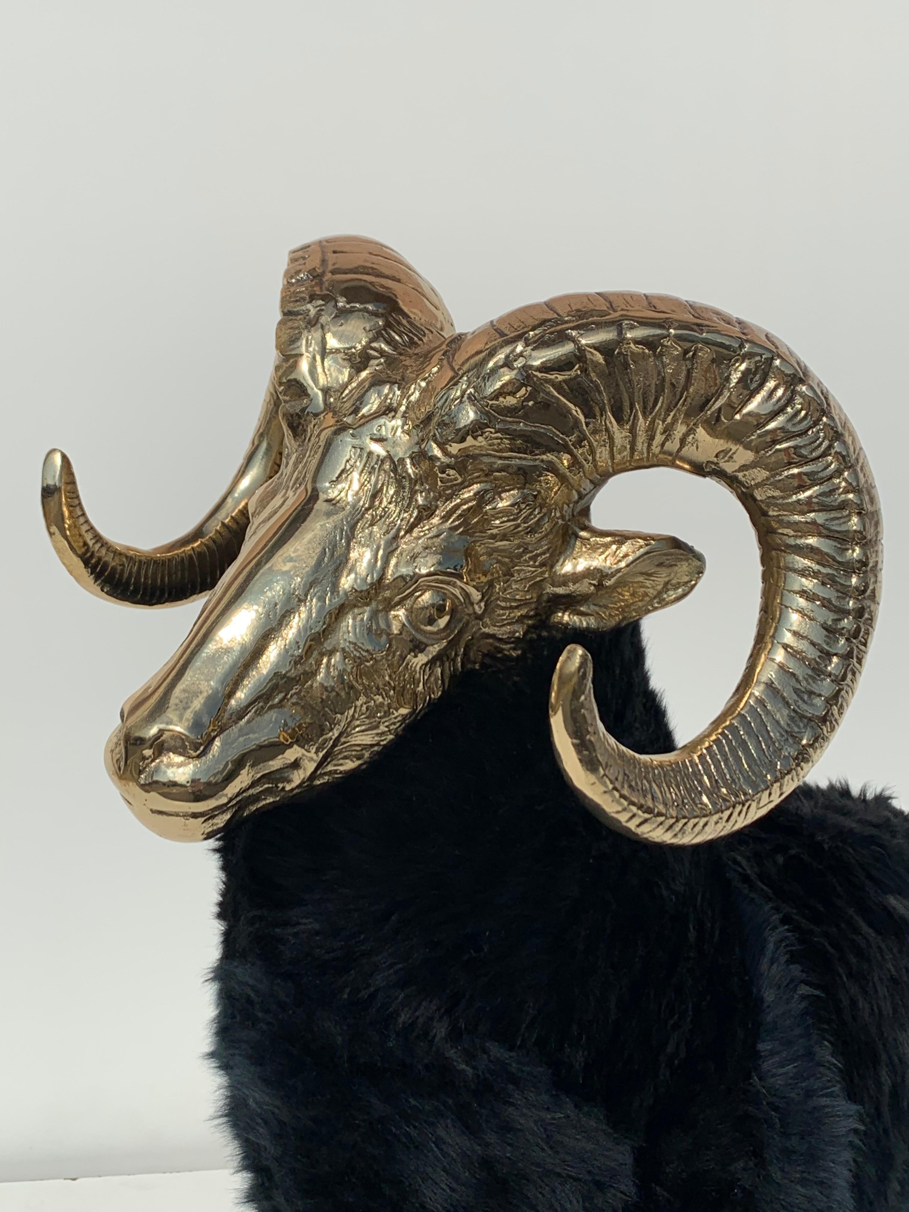 Brass Mountain Sheep or Ram Sculpture in Black Fur 2