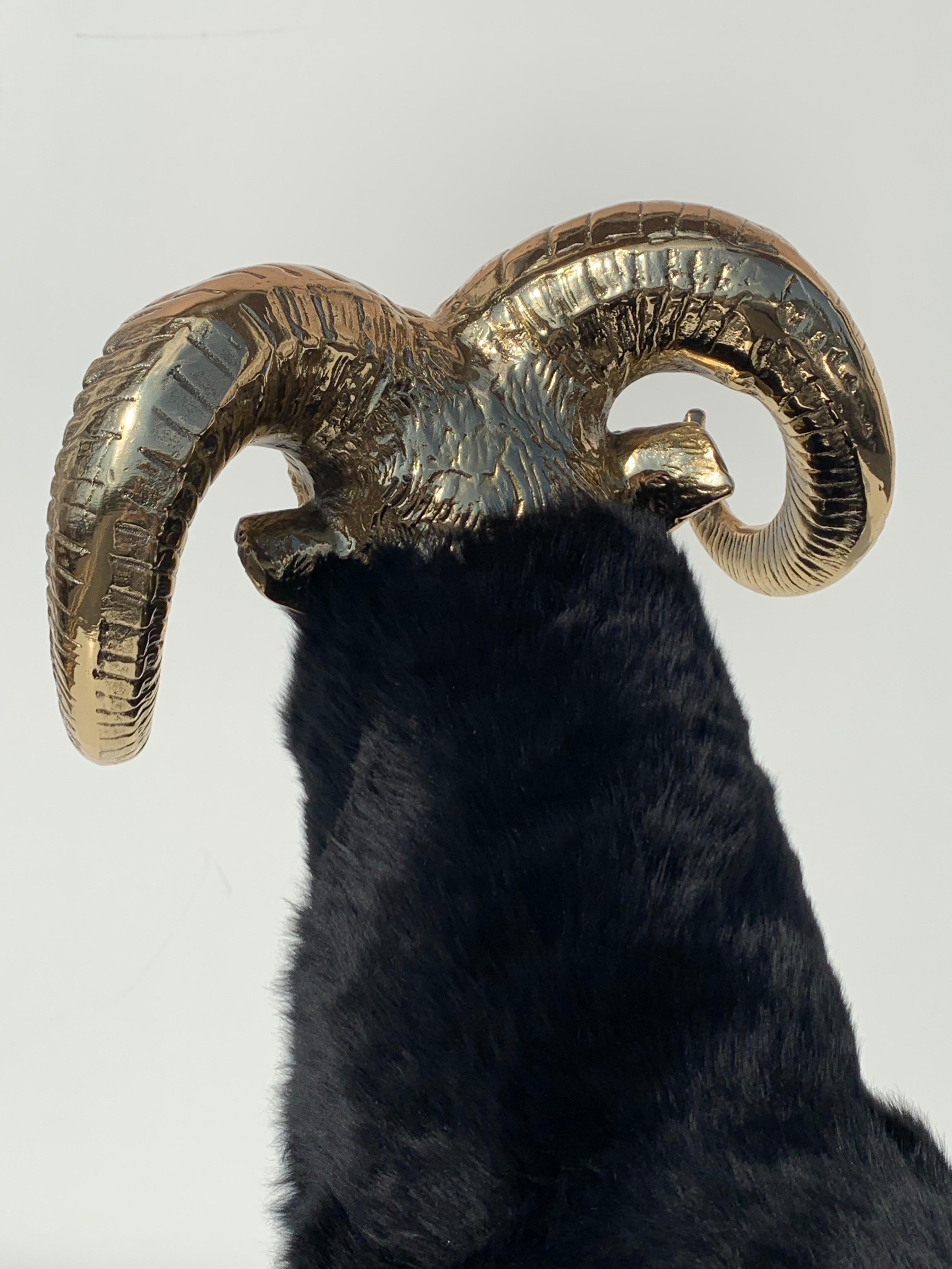 Brass Mountain Sheep or Ram Sculpture in Black Fur 3