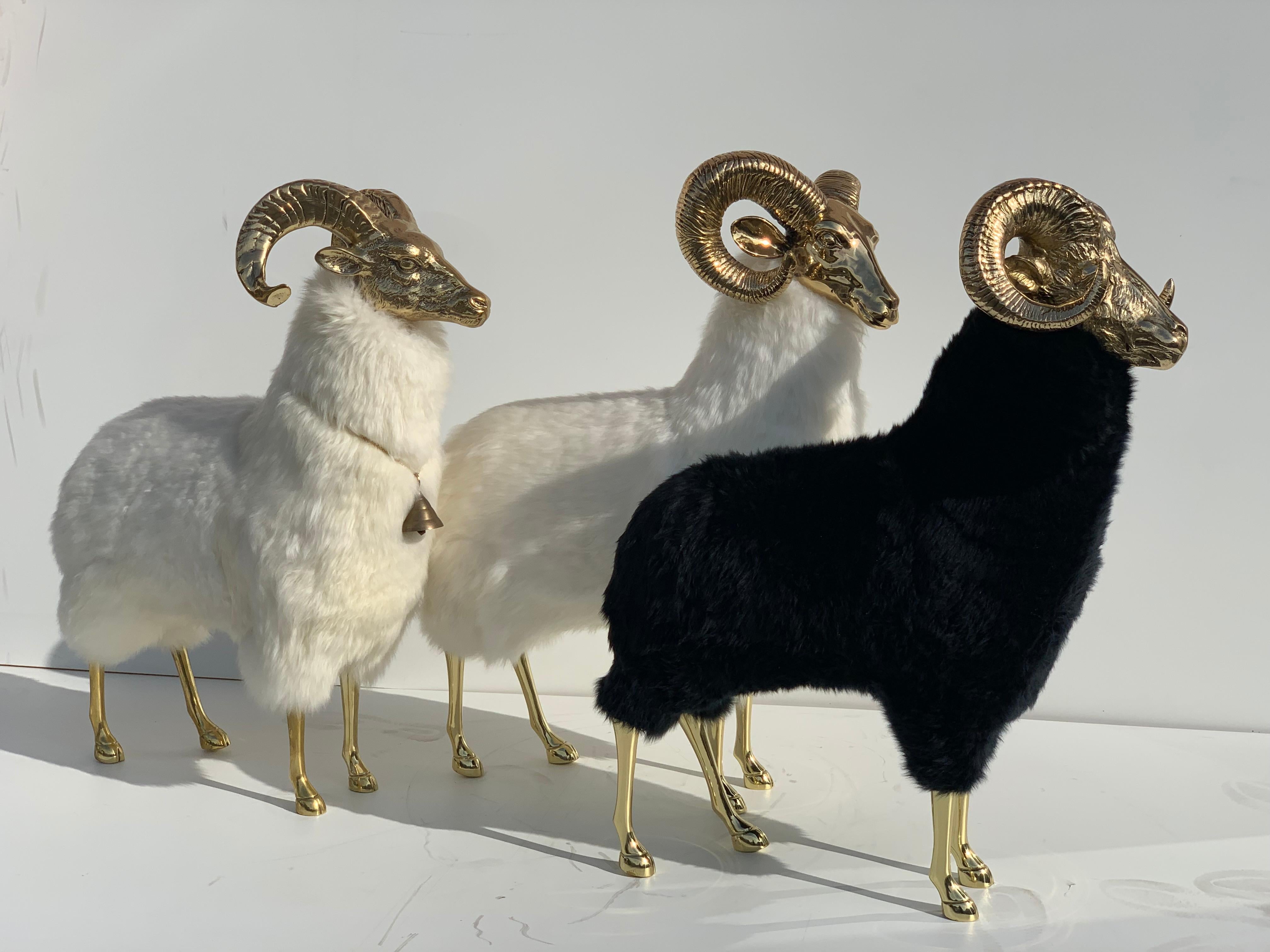 Brass Mountain Sheep or Ram Sculpture in Black Fur 7
