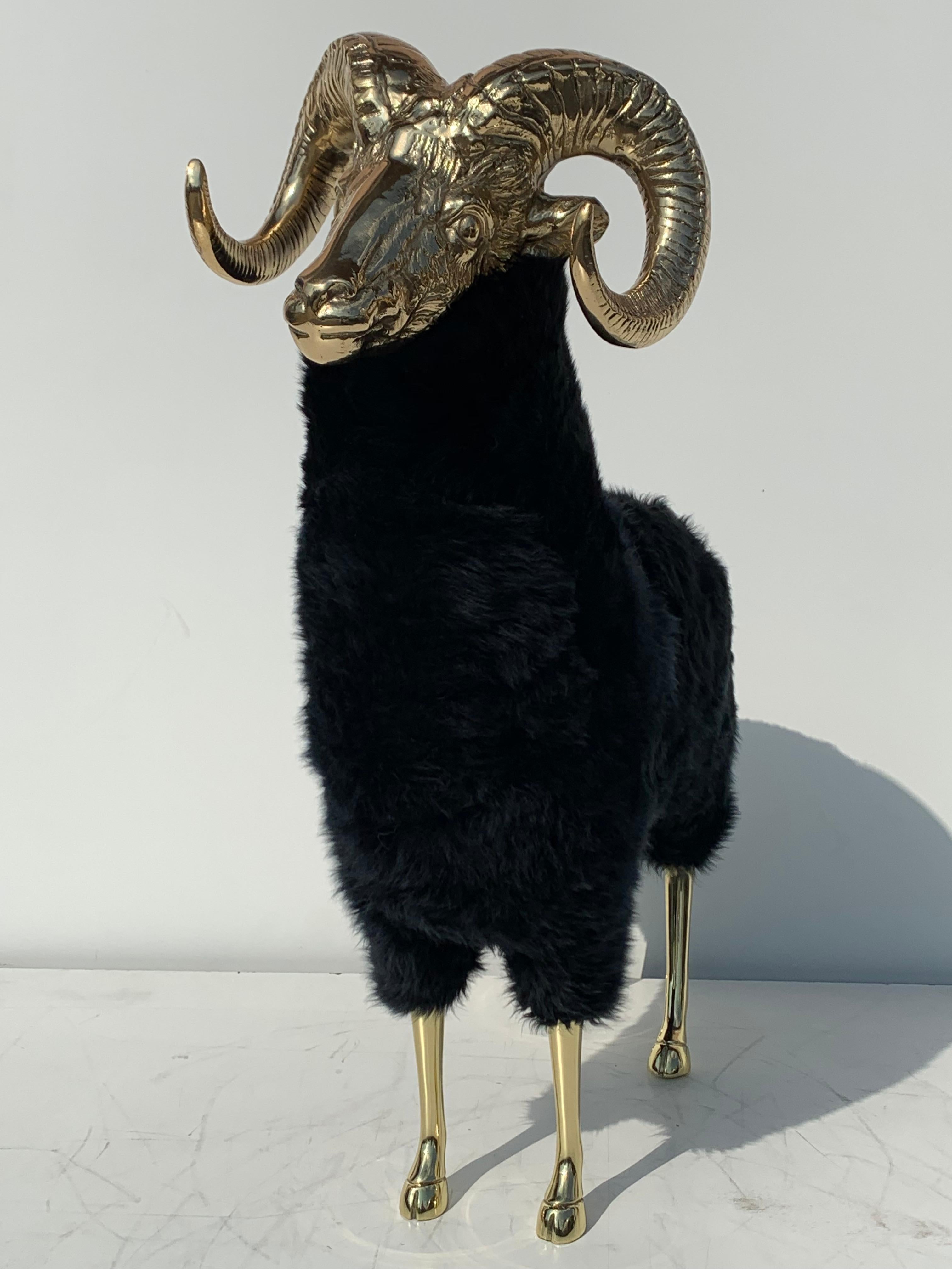 Hollywood Regency Brass Mountain Sheep or Ram Sculpture in Black Fur