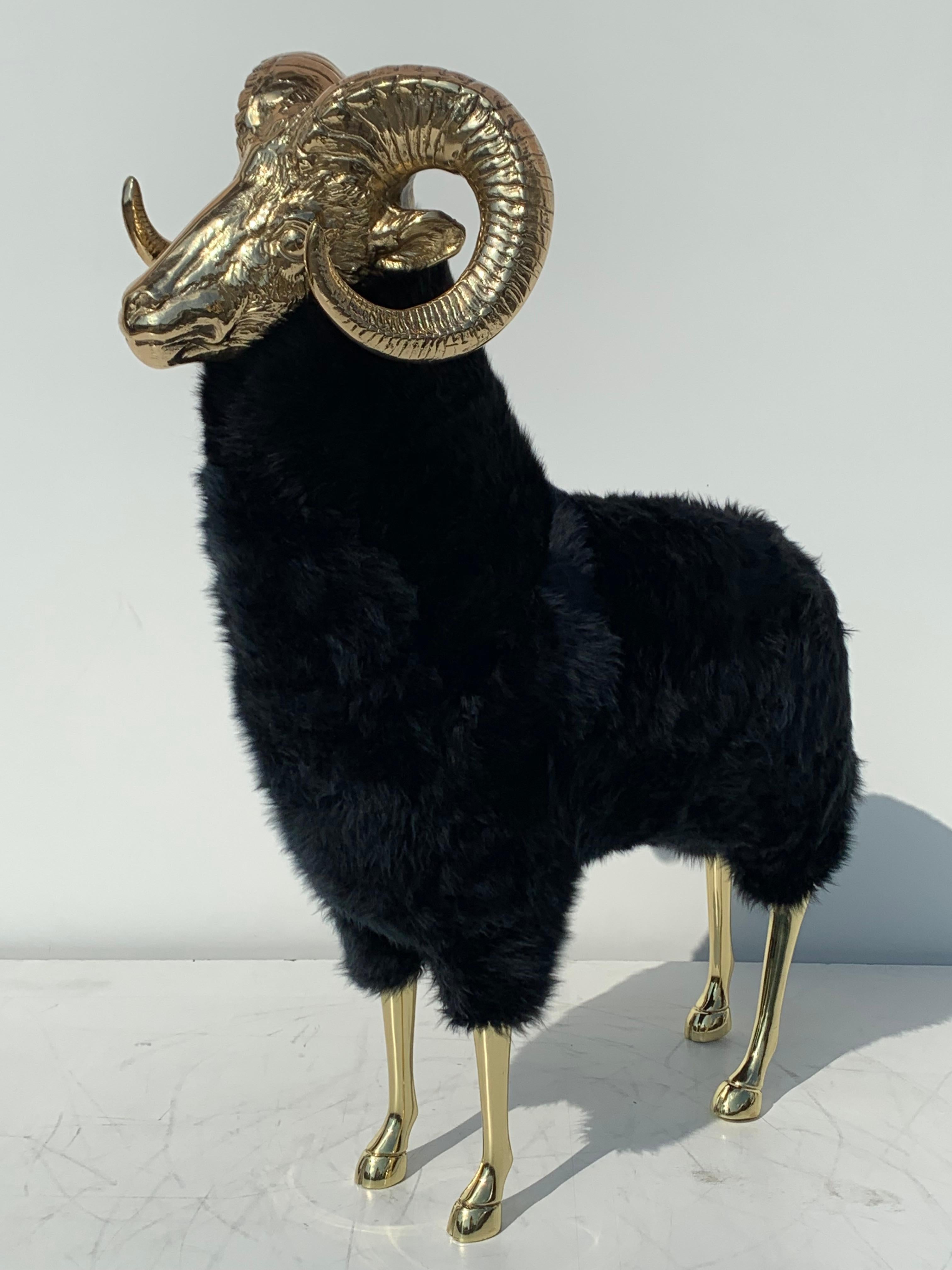 American Brass Mountain Sheep or Ram Sculpture in Black Fur