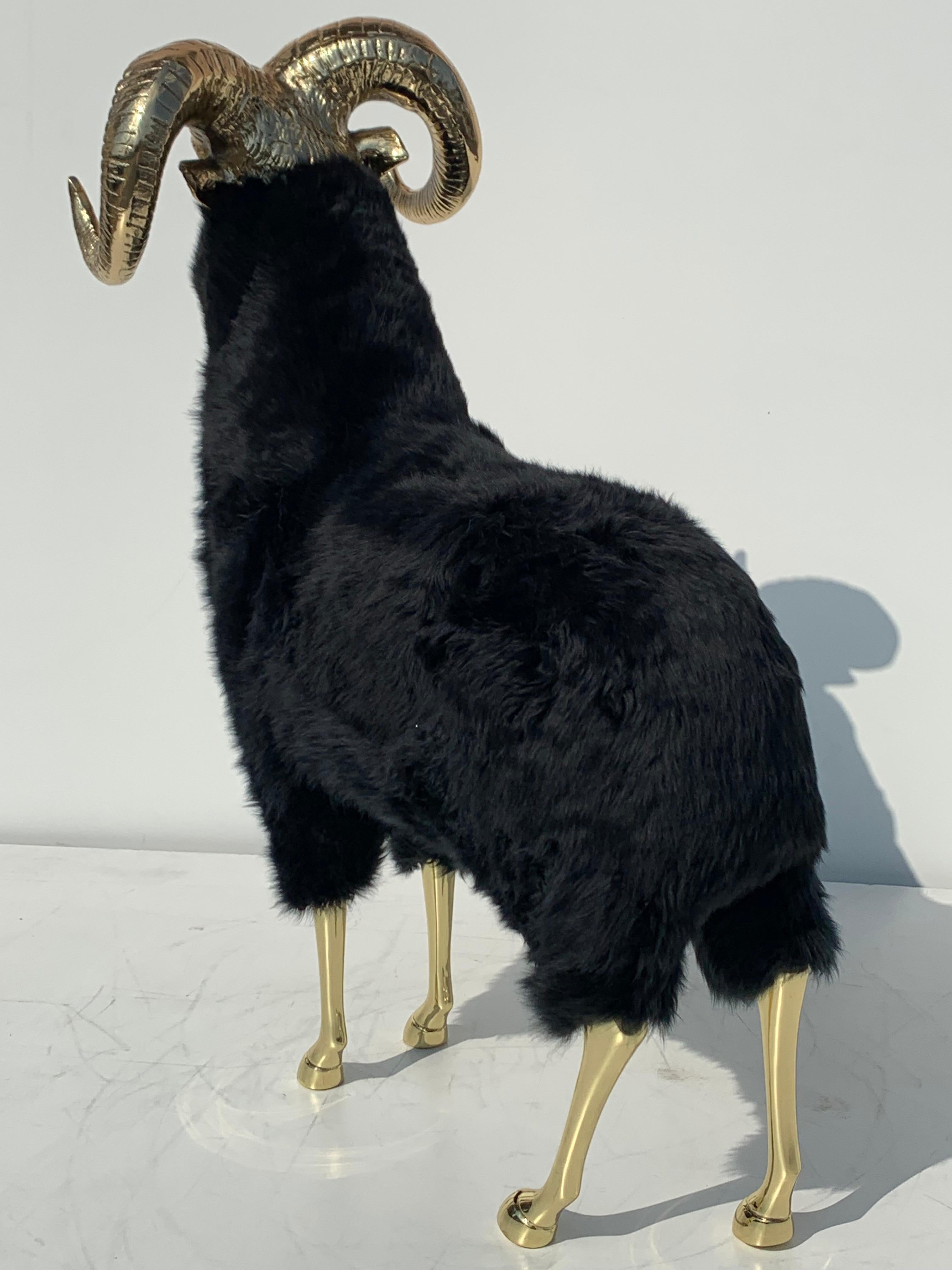 Polished Brass Mountain Sheep or Ram Sculpture in Black Fur