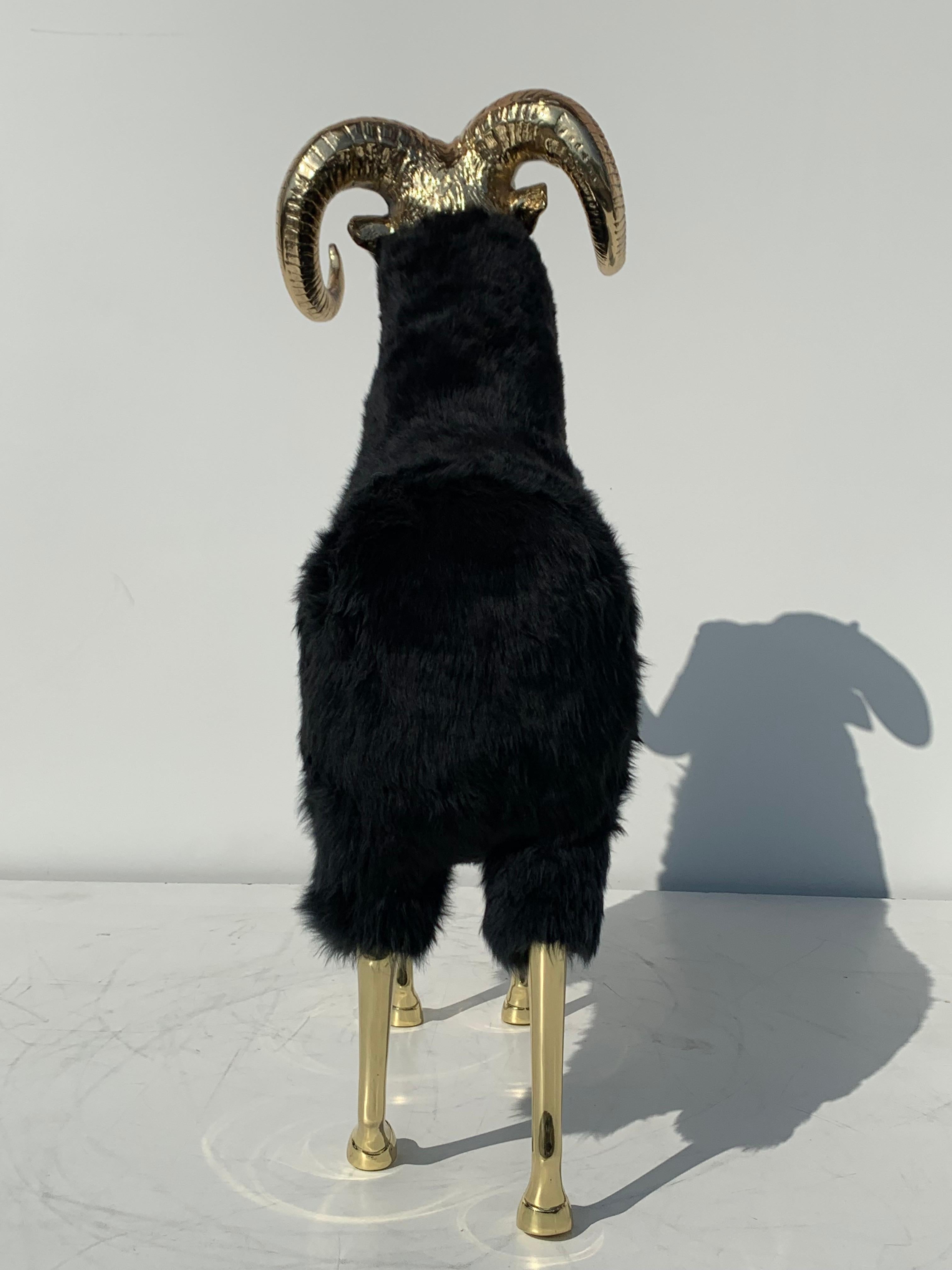 Brass Mountain Sheep or Ram Sculpture in Black Fur In Good Condition In North Hollywood, CA