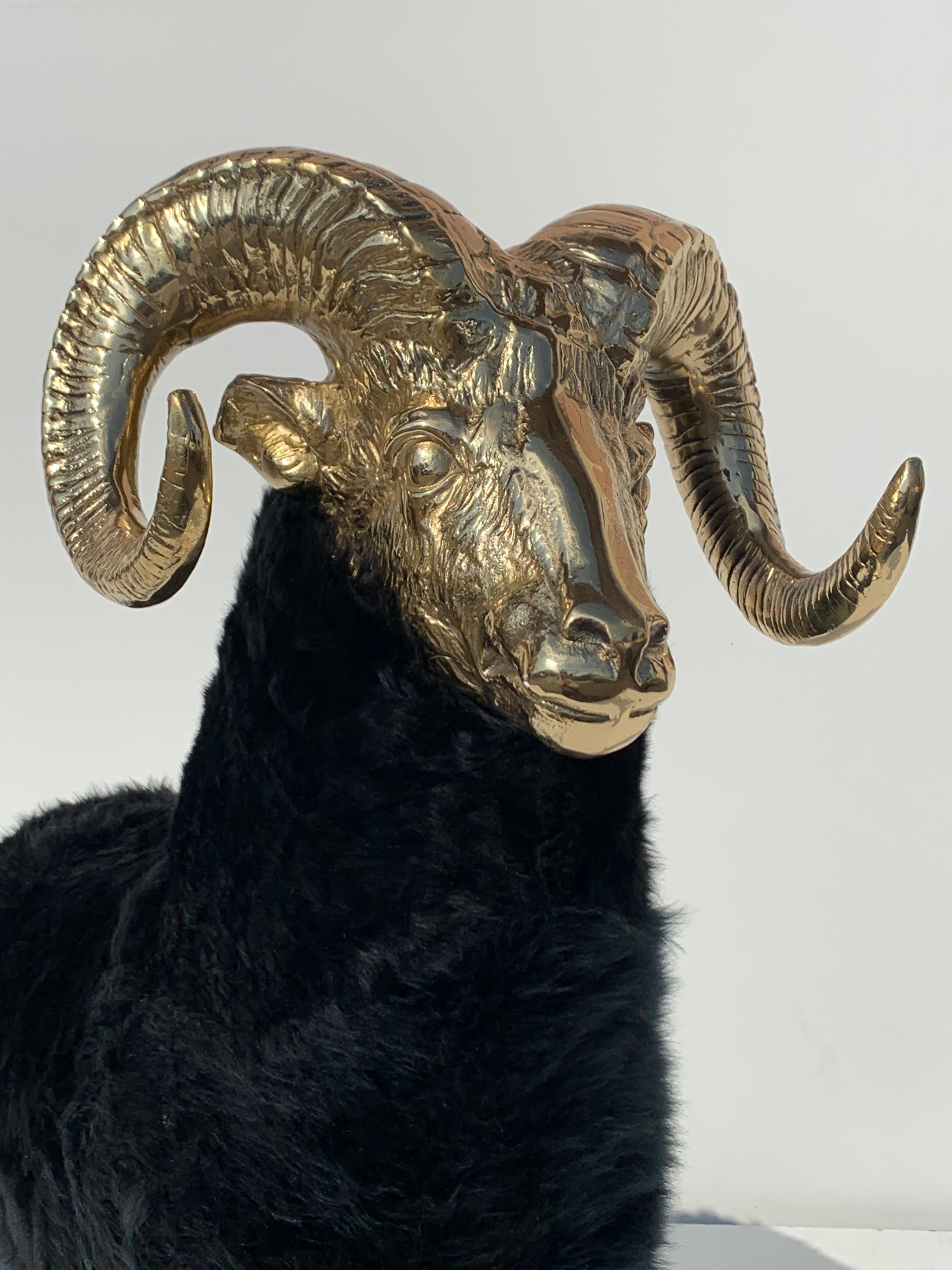 Late 20th Century Brass Mountain Sheep or Ram Sculpture in Black Fur