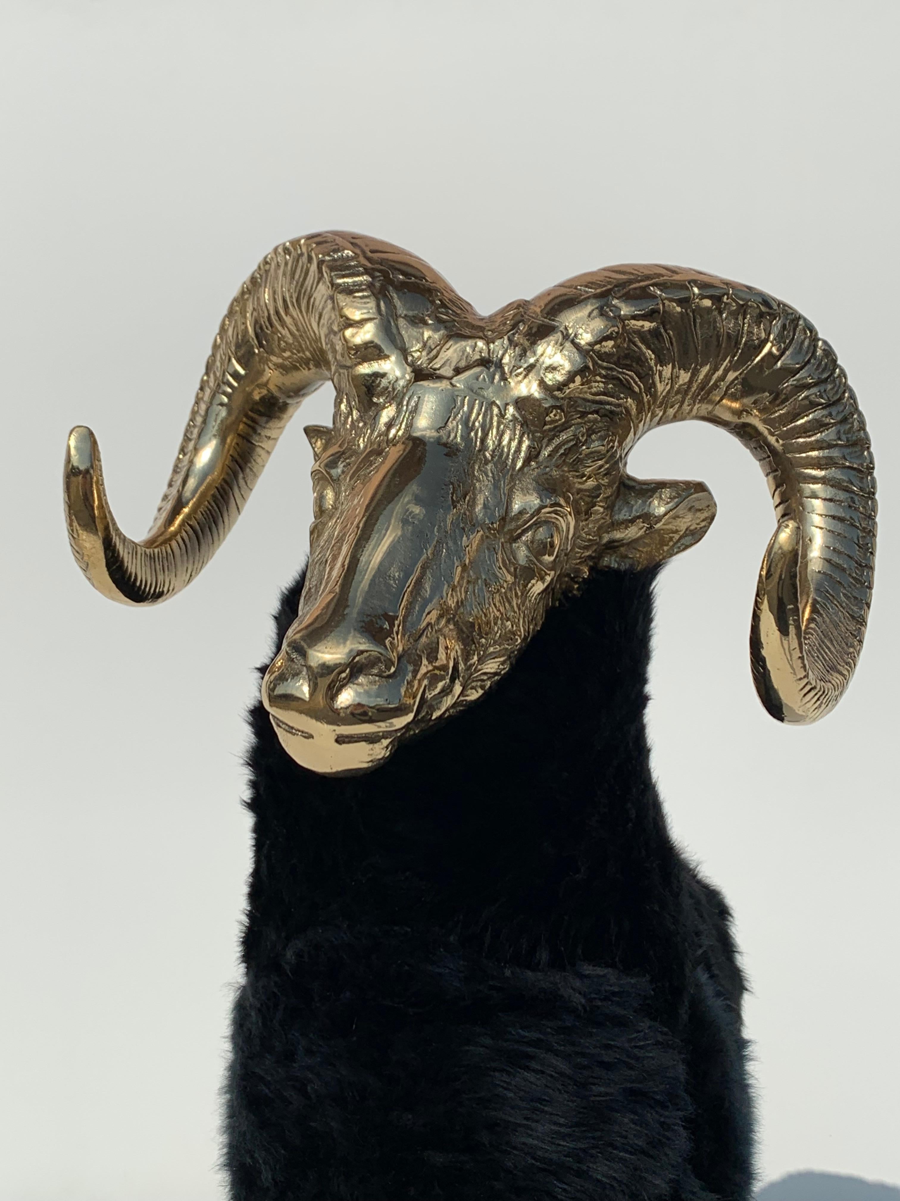 Brass Mountain Sheep or Ram Sculpture in Black Fur 1