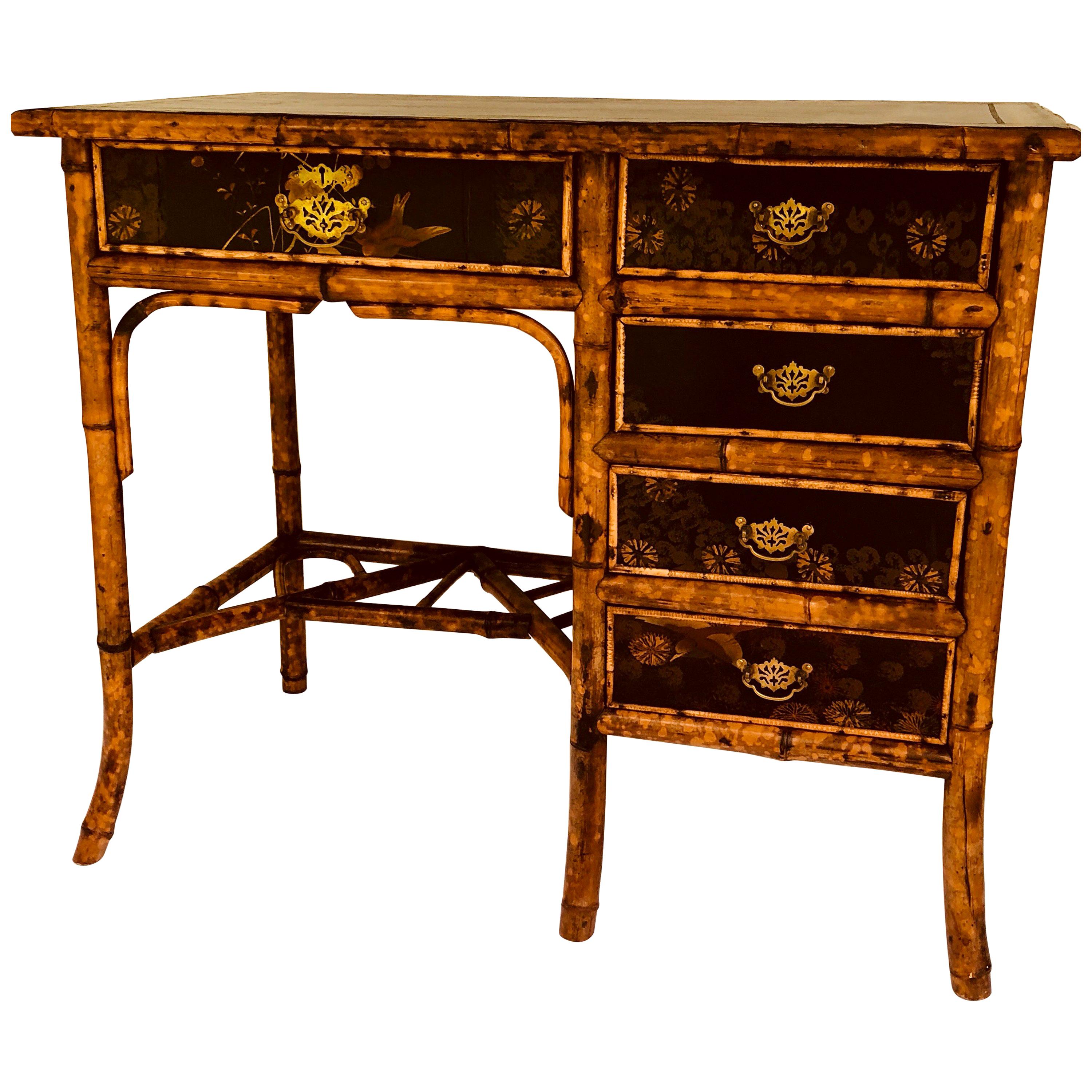 Brass-Mounted Bamboo and Lacquer Decorated Desk For Sale