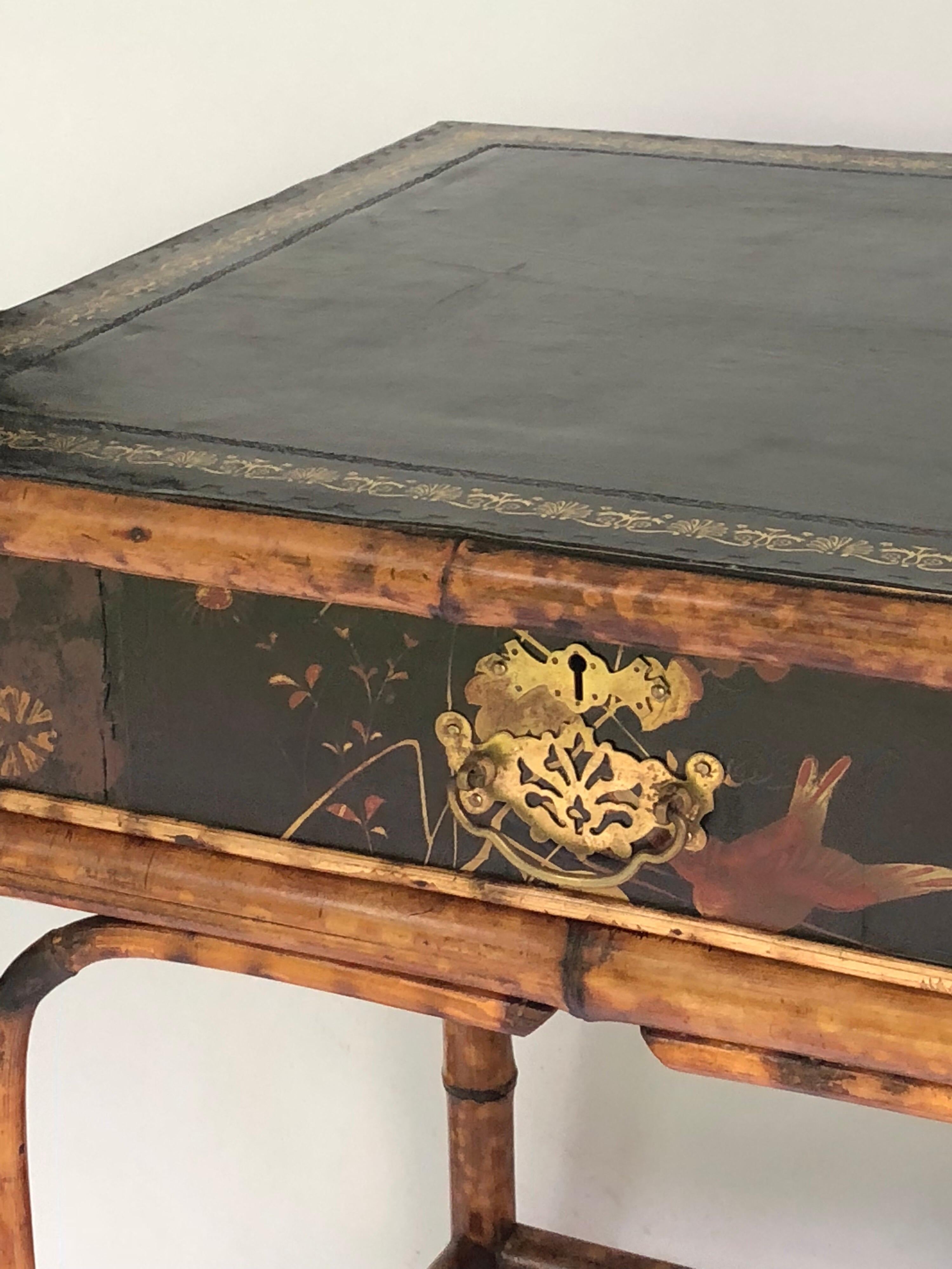 Victorian Brass-Mounted Bamboo and Lacquer Decorated Desk For Sale