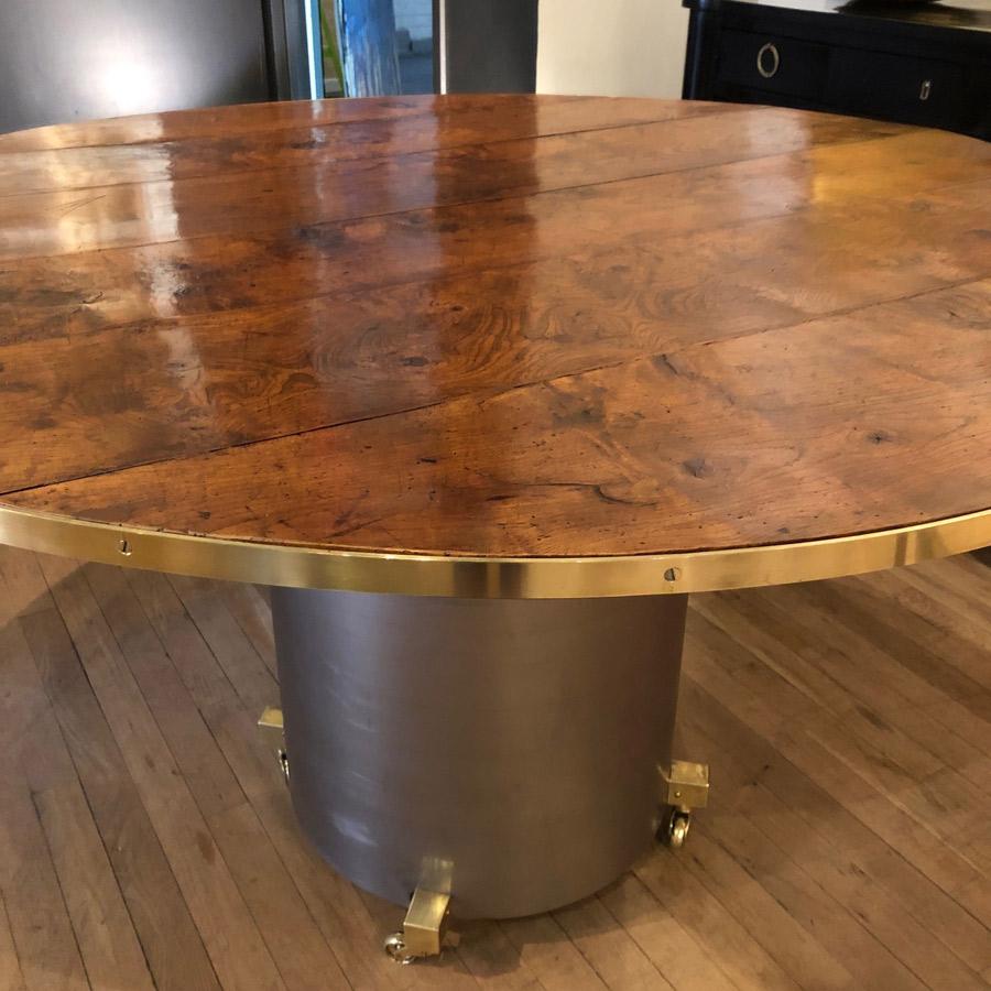 Contemporary Brass Mounted Burl Elm and Steel Centre Table