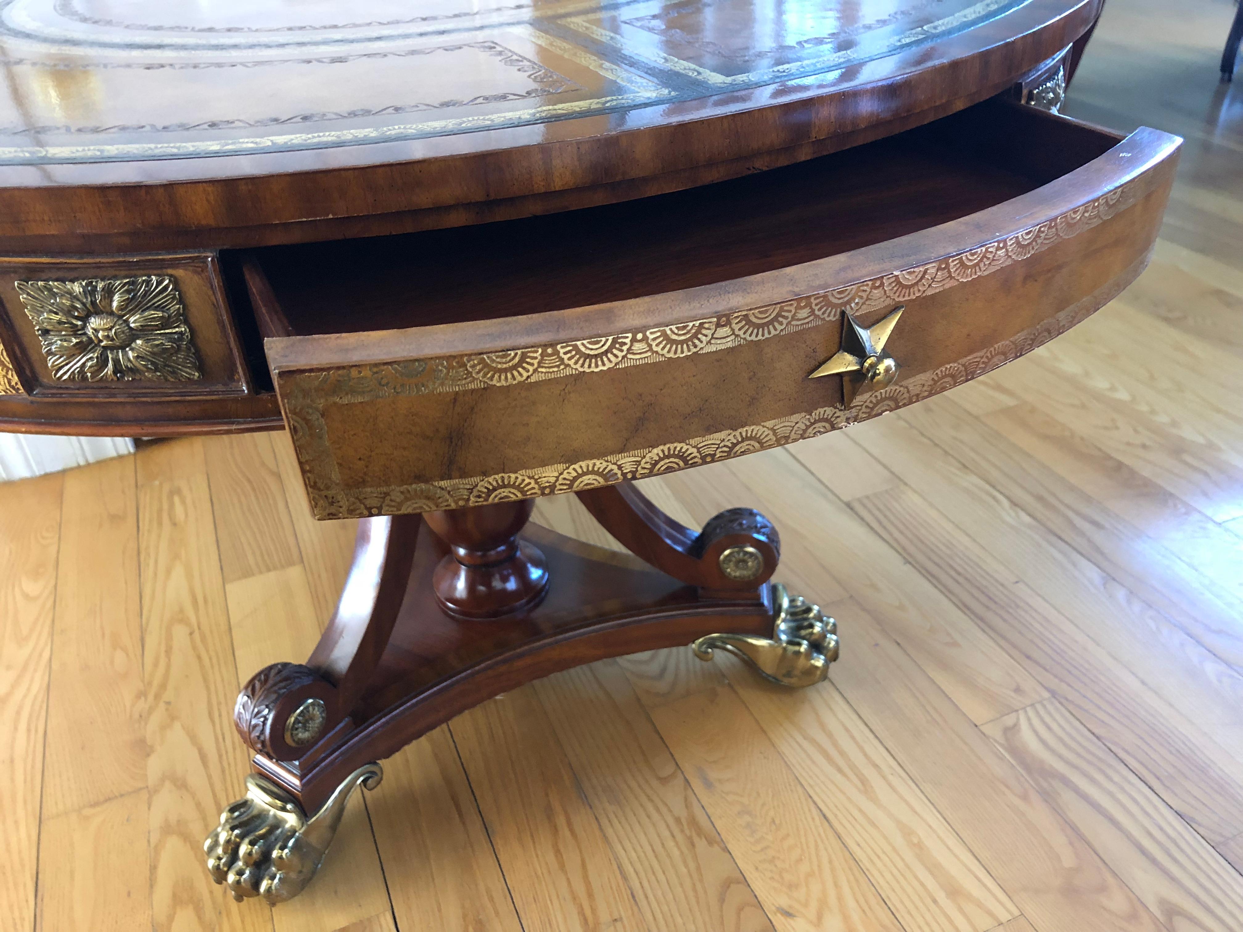 Brass Mounted Mahogany and Leather Drum Table by Maitland Smith 4