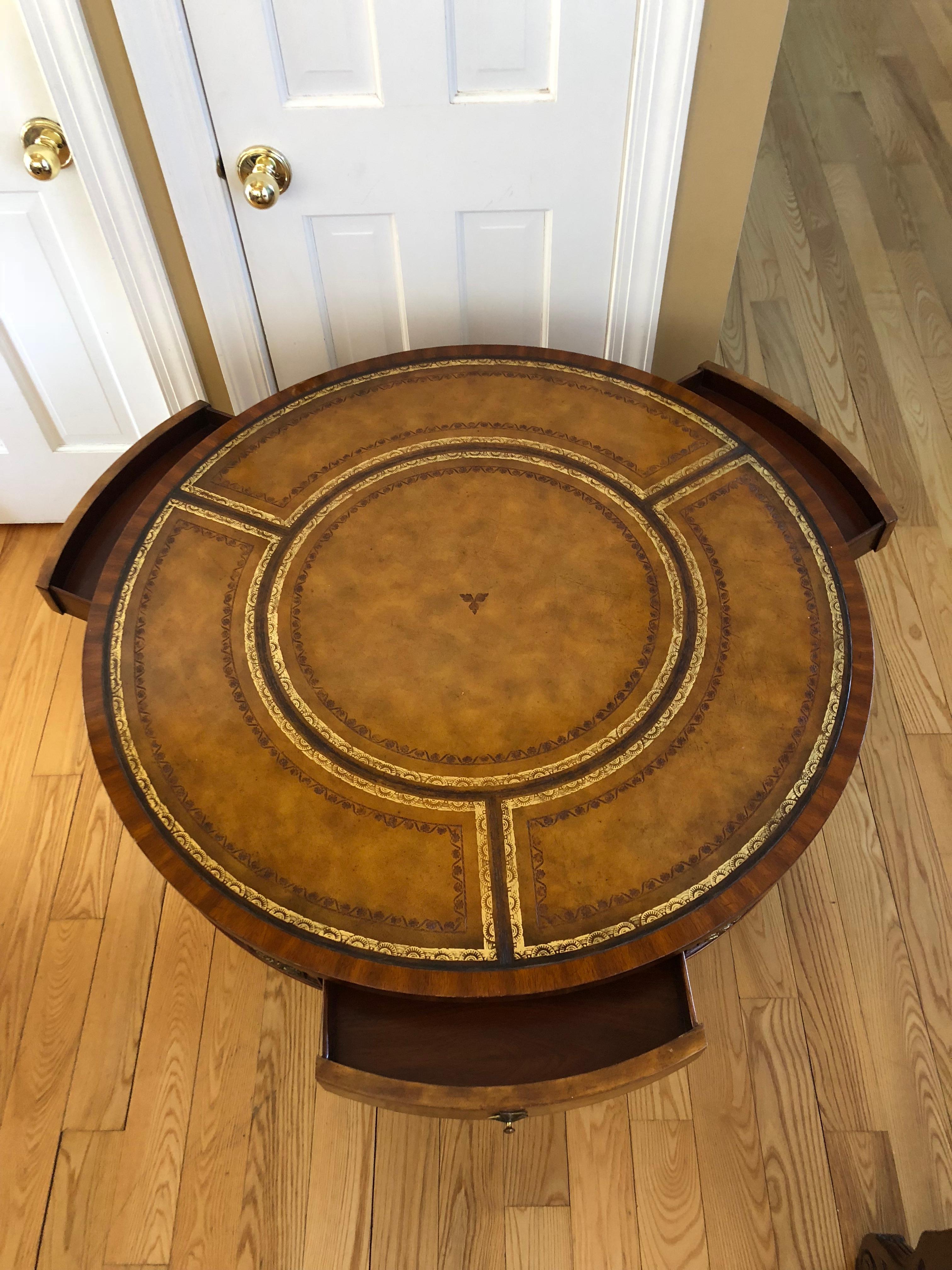 Brass Mounted Mahogany and Leather Drum Table by Maitland Smith 6