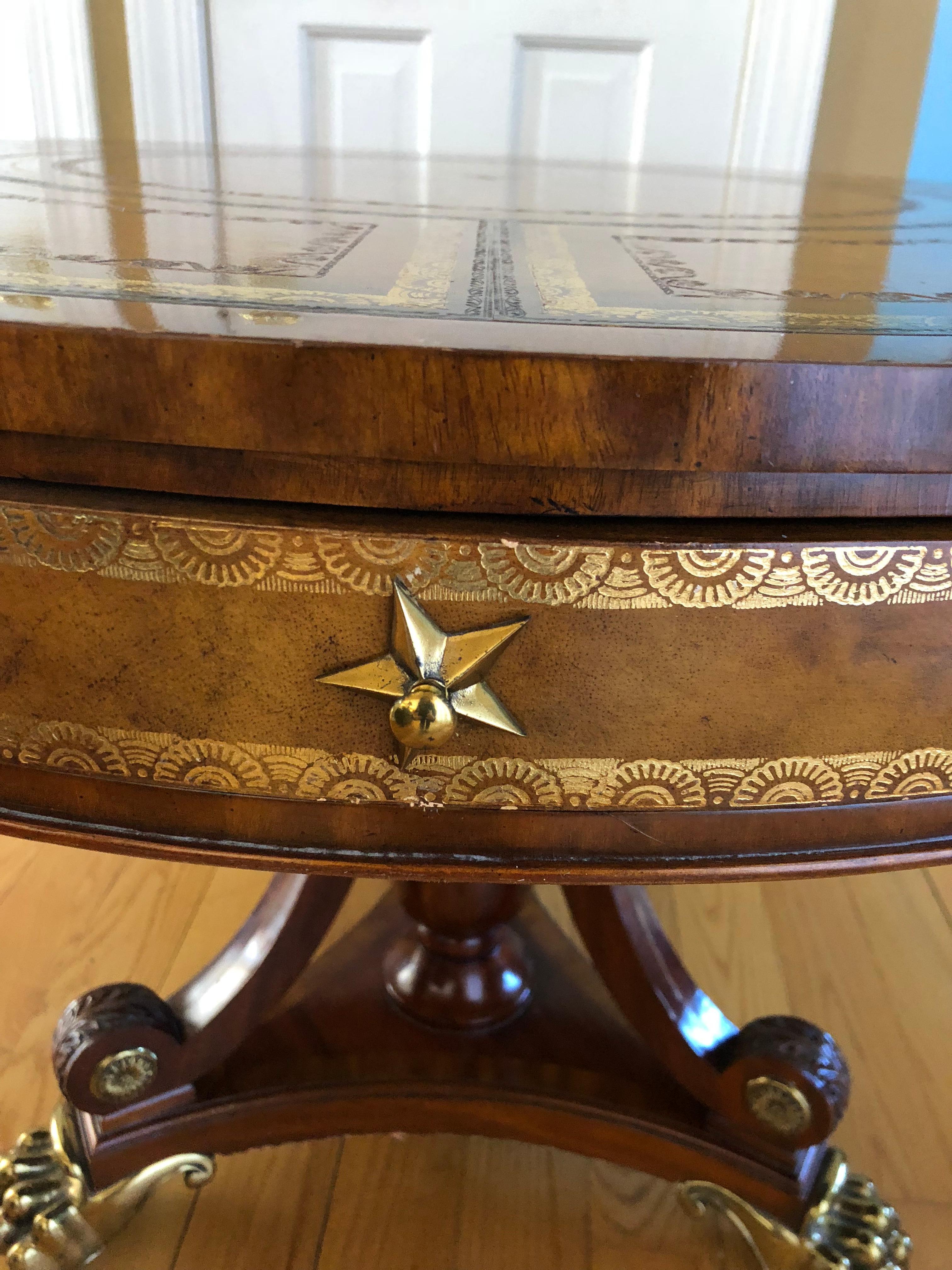 Regency Brass Mounted Mahogany and Leather Drum Table by Maitland Smith