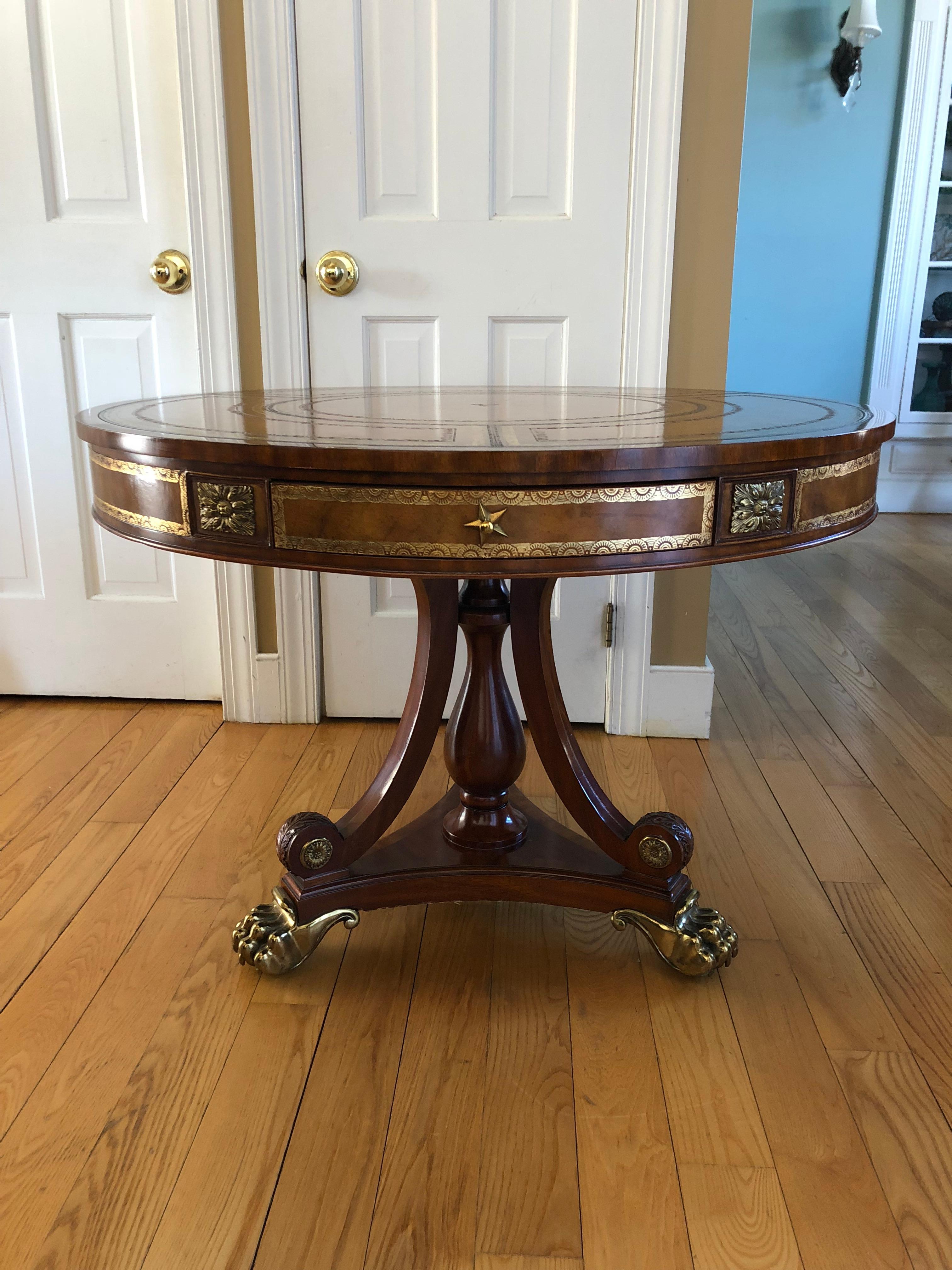 Brass Mounted Mahogany and Leather Drum Table by Maitland Smith In Excellent Condition In Hopewell, NJ