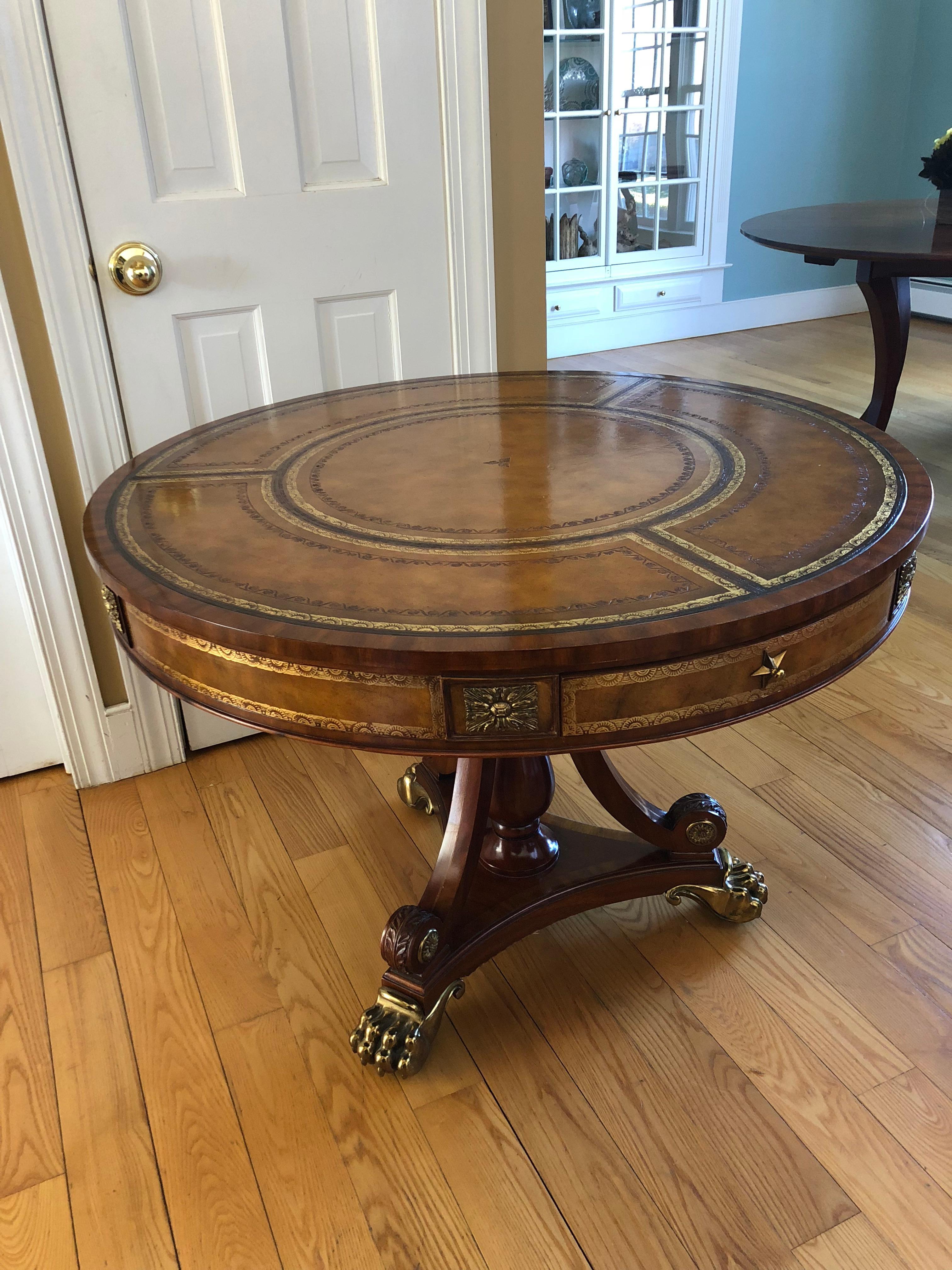 Brass Mounted Mahogany and Leather Drum Table by Maitland Smith 1