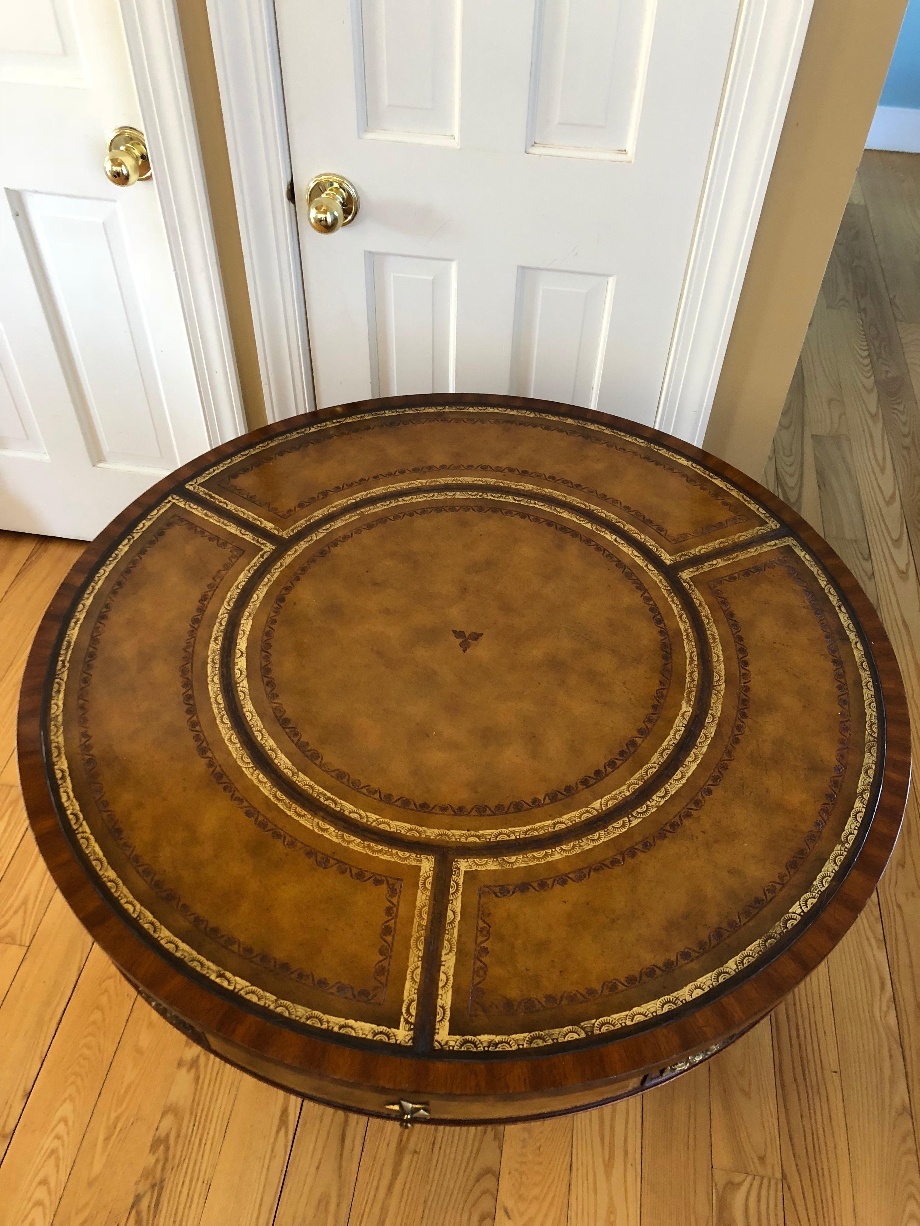 Brass Mounted Mahogany and Leather Drum Table by Maitland Smith 2