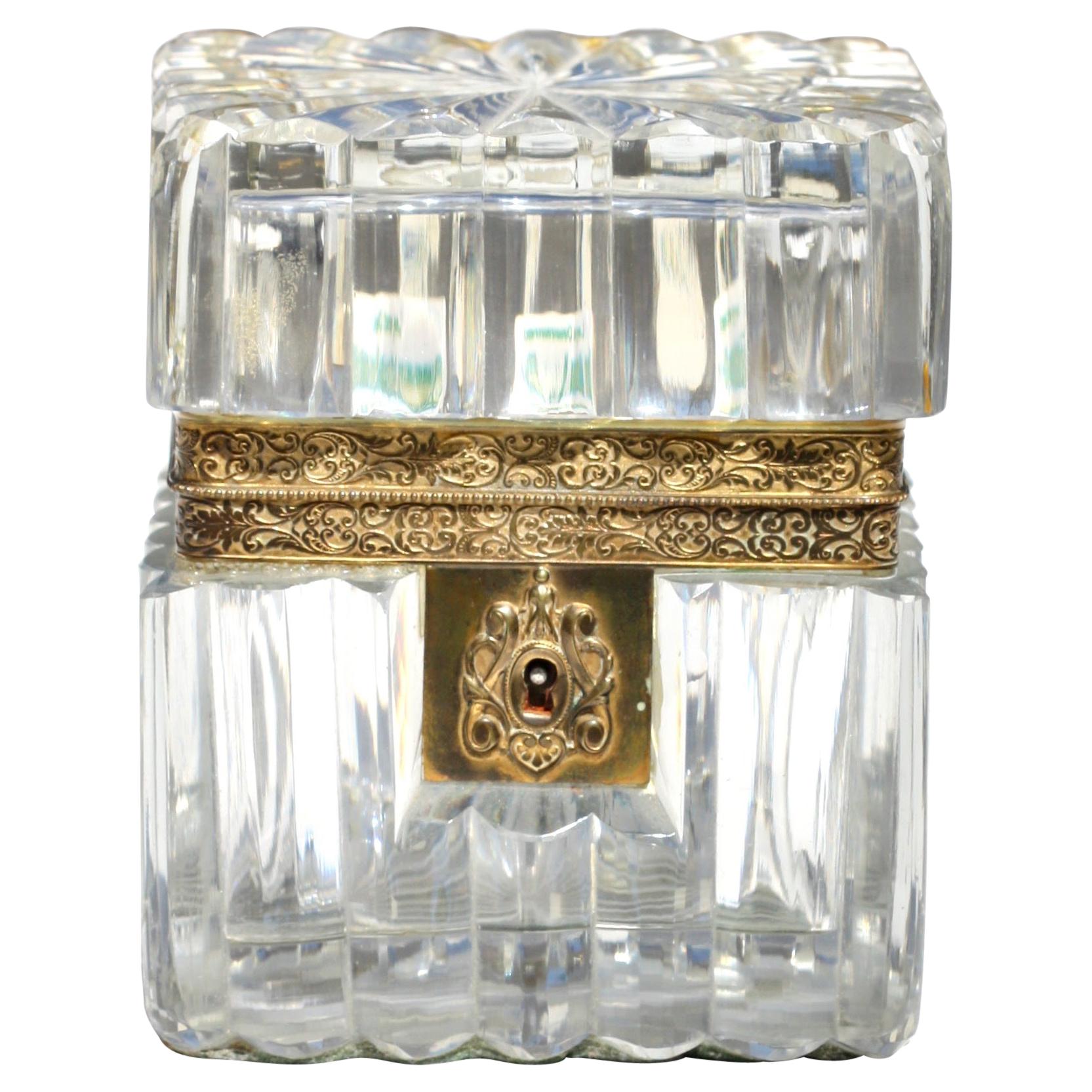 Brass Mounted Thick Wall Glass Jewelry Box, French 20th Century