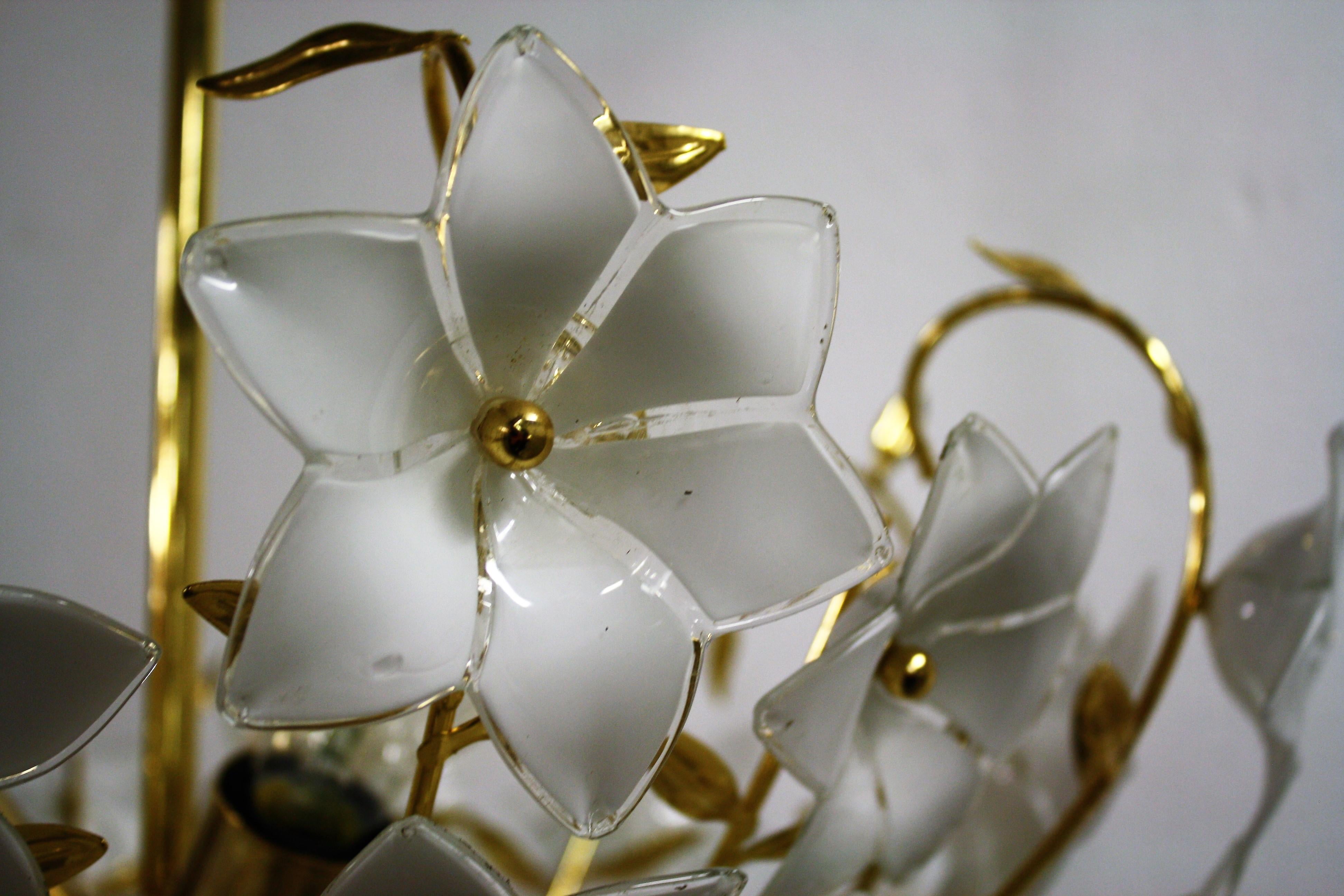 Hollywood Regency Brass Murano Glass Flower Chandelier, 1970s