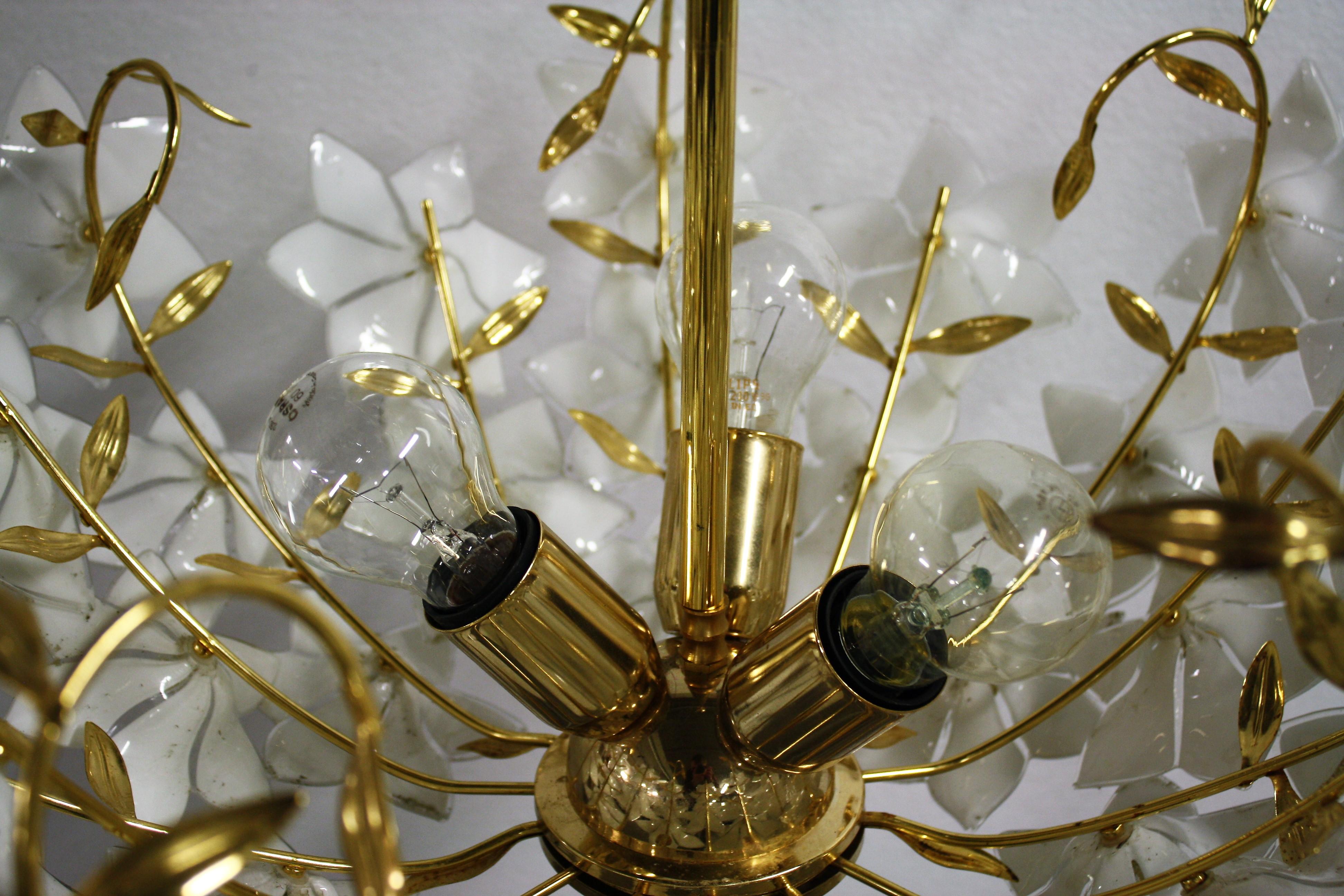 Italian Brass Murano Glass Flower Chandelier, 1970s