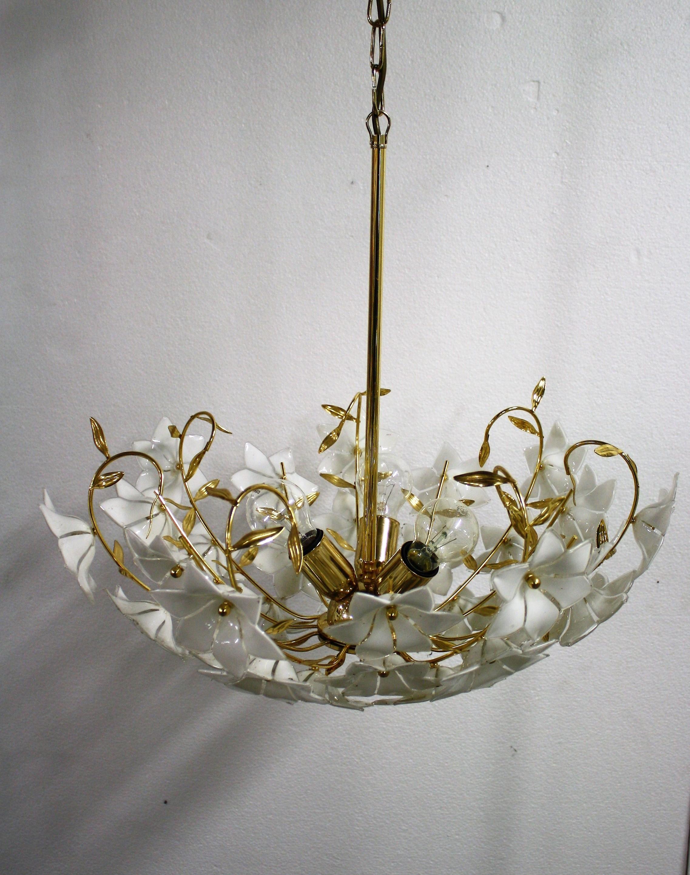 Brass Murano Glass Flower Chandelier, 1970s In Good Condition In HEVERLEE, BE