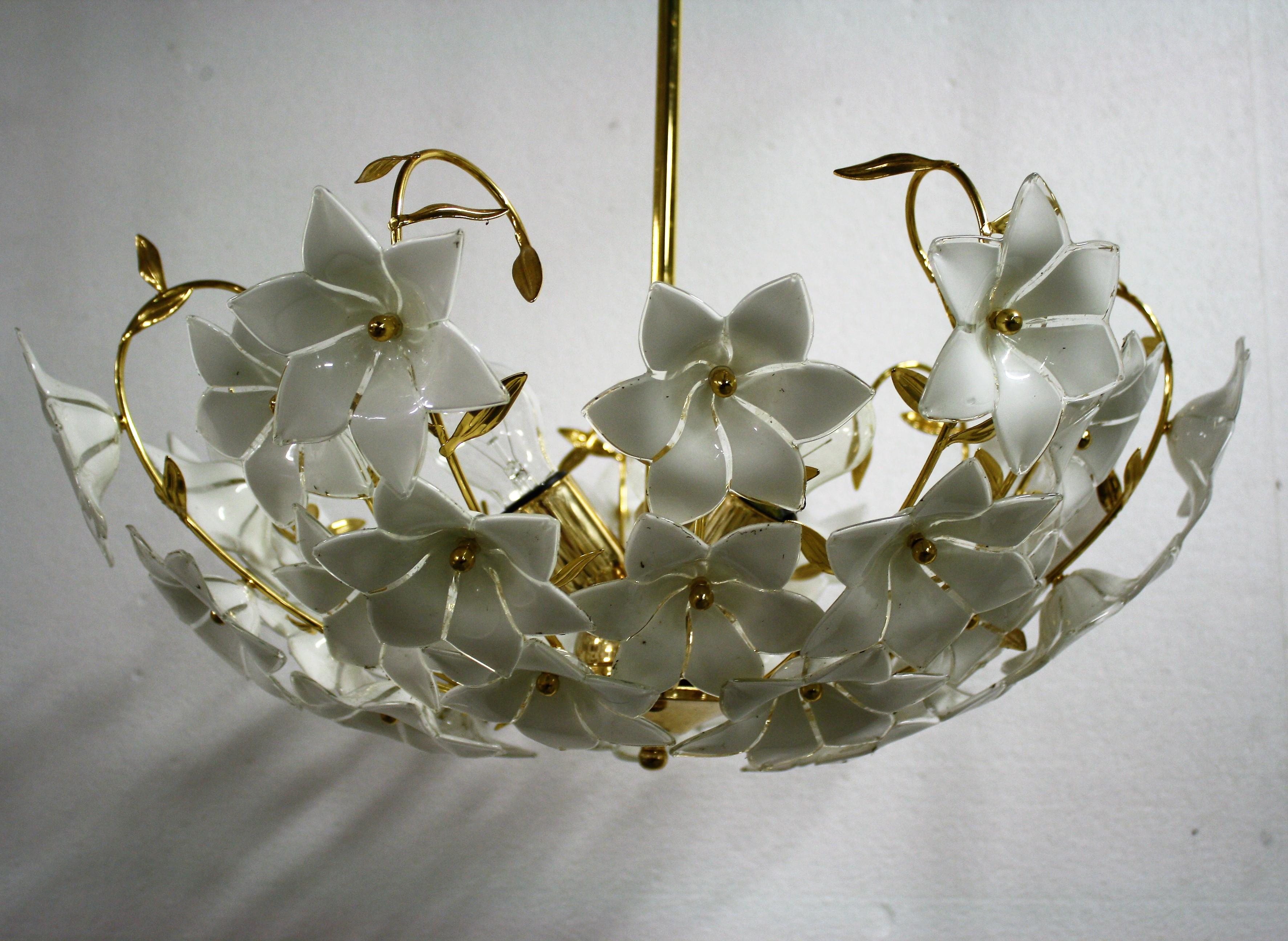 Late 20th Century Brass Murano Glass Flower Chandelier, 1970s